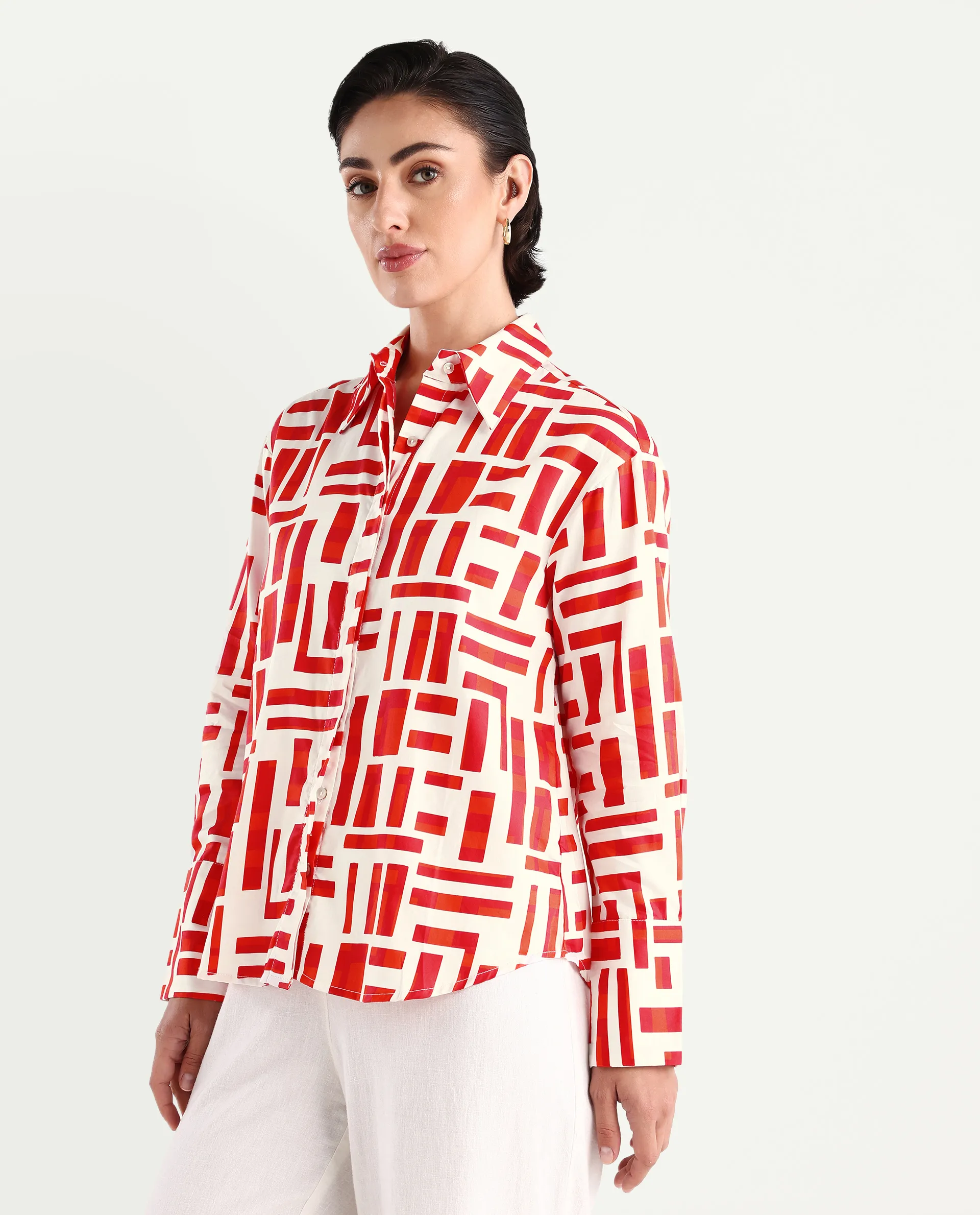 Rareism Women's Venice Red Cotton Drop Collar Geometric Print Cuffed Sleeve Regular Fit Shirt - Image 5