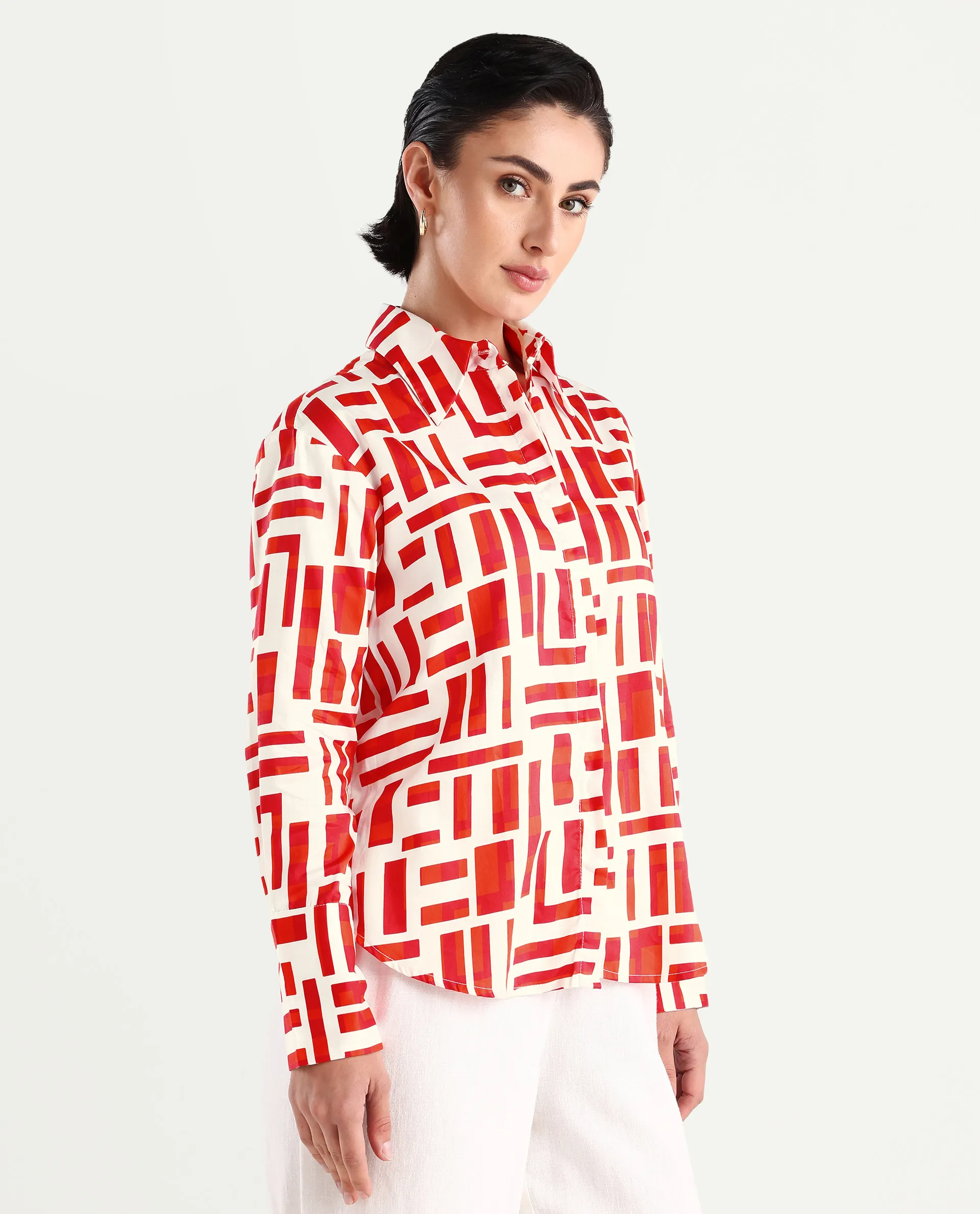 Rareism Women's Venice Red Cotton Drop Collar Geometric Print Cuffed Sleeve Regular Fit Shirt - Image 6