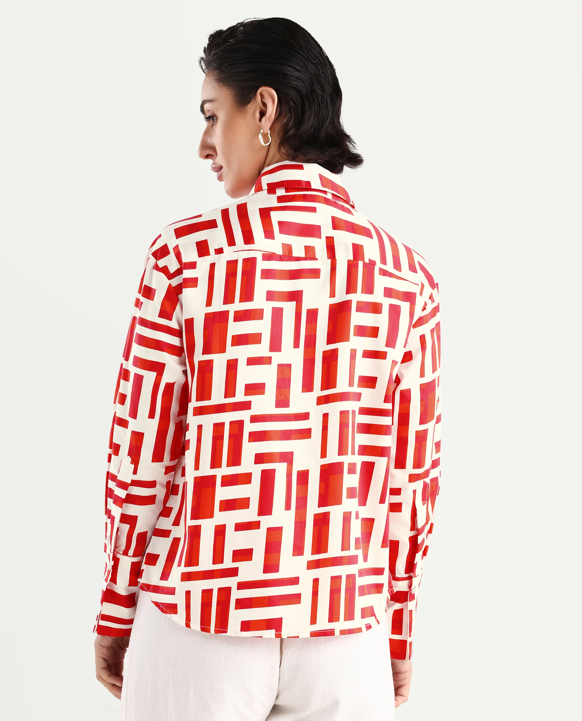 Rareism Women's Venice Red Cotton Drop Collar Geometric Print Cuffed Sleeve Regular Fit Shirt - Image 7