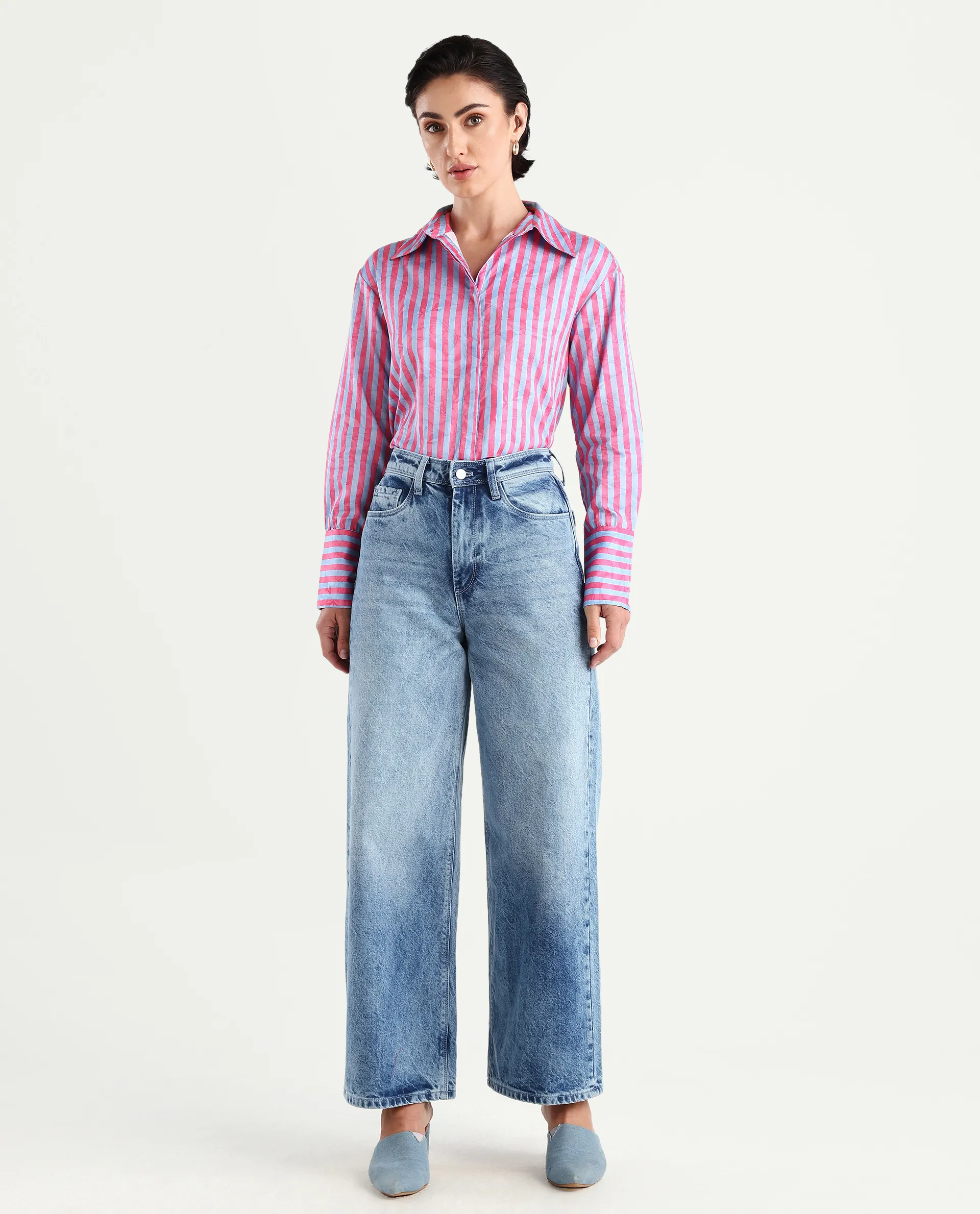 Rareism Women's Venice Pink Cotton Drop Collar Striped Cuffed Sleeve Regular Fit Shirt - Image 2