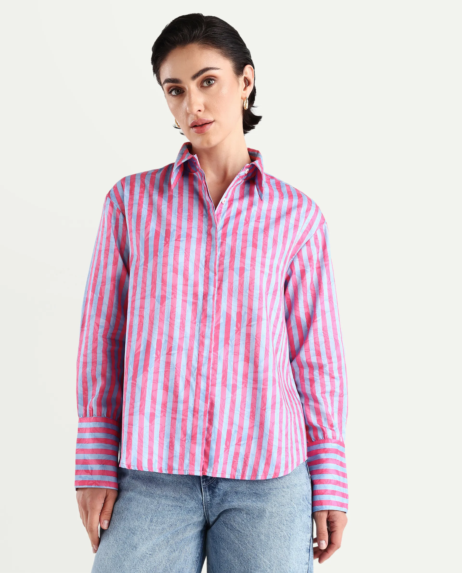 Rareism Women's Venice Pink Cotton Drop Collar Striped Cuffed Sleeve Regular Fit Shirt - Image 3