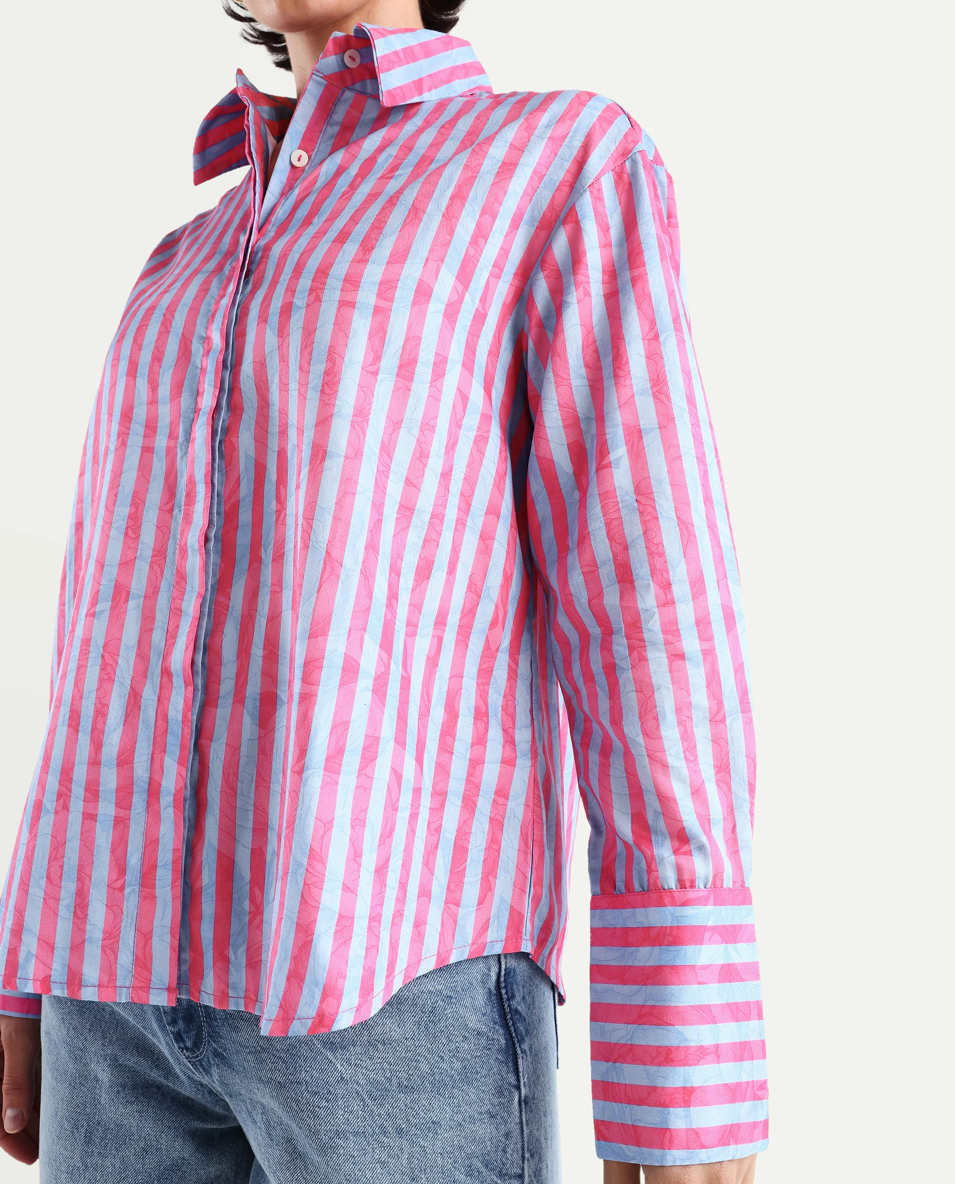 Rareism Women's Venice Pink Cotton Drop Collar Striped Cuffed Sleeve Regular Fit Shirt - Image 4