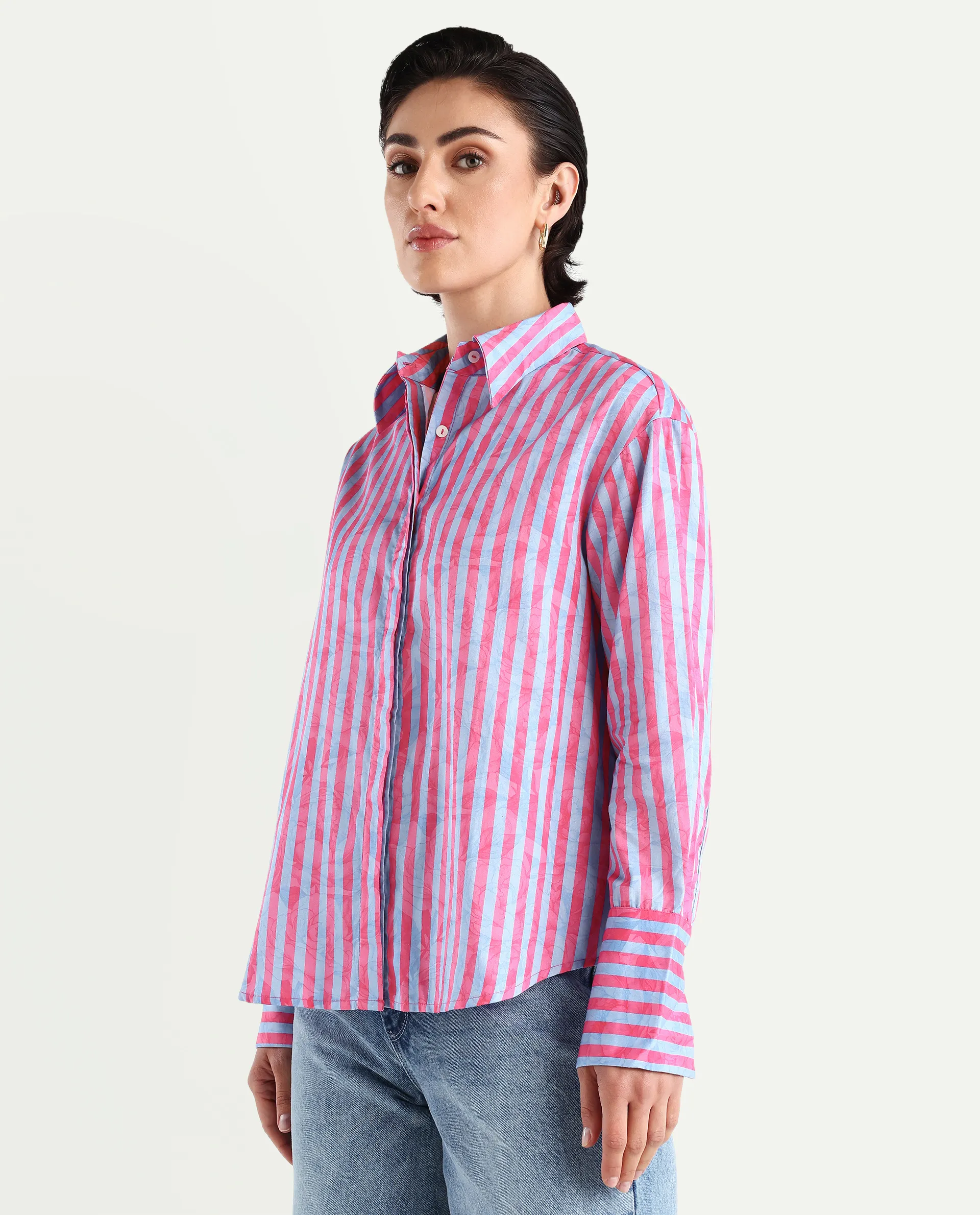 Rareism Women's Venice Pink Cotton Drop Collar Striped Cuffed Sleeve Regular Fit Shirt - Image 5