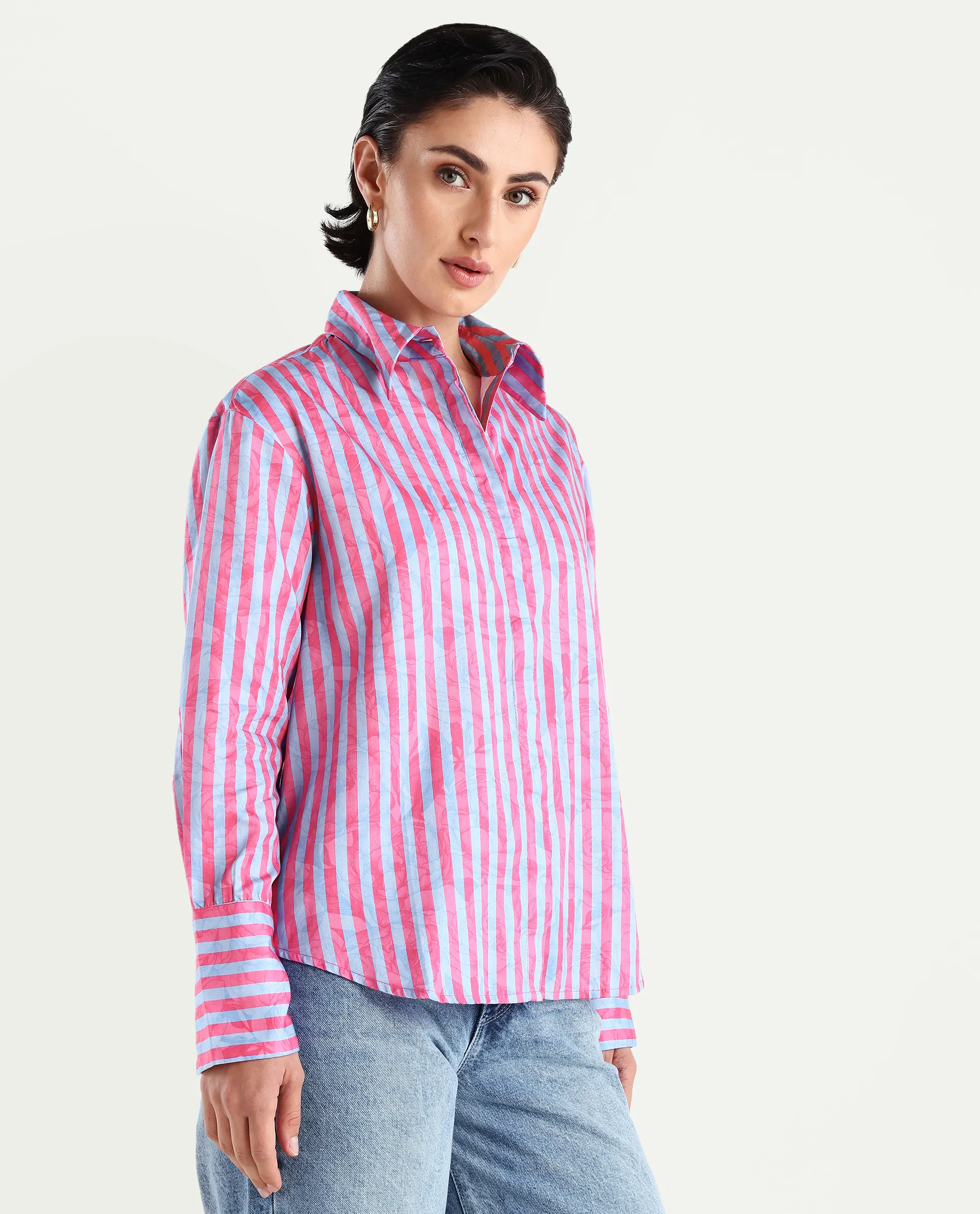 Rareism Women's Venice Pink Cotton Drop Collar Striped Cuffed Sleeve Regular Fit Shirt - Image 6