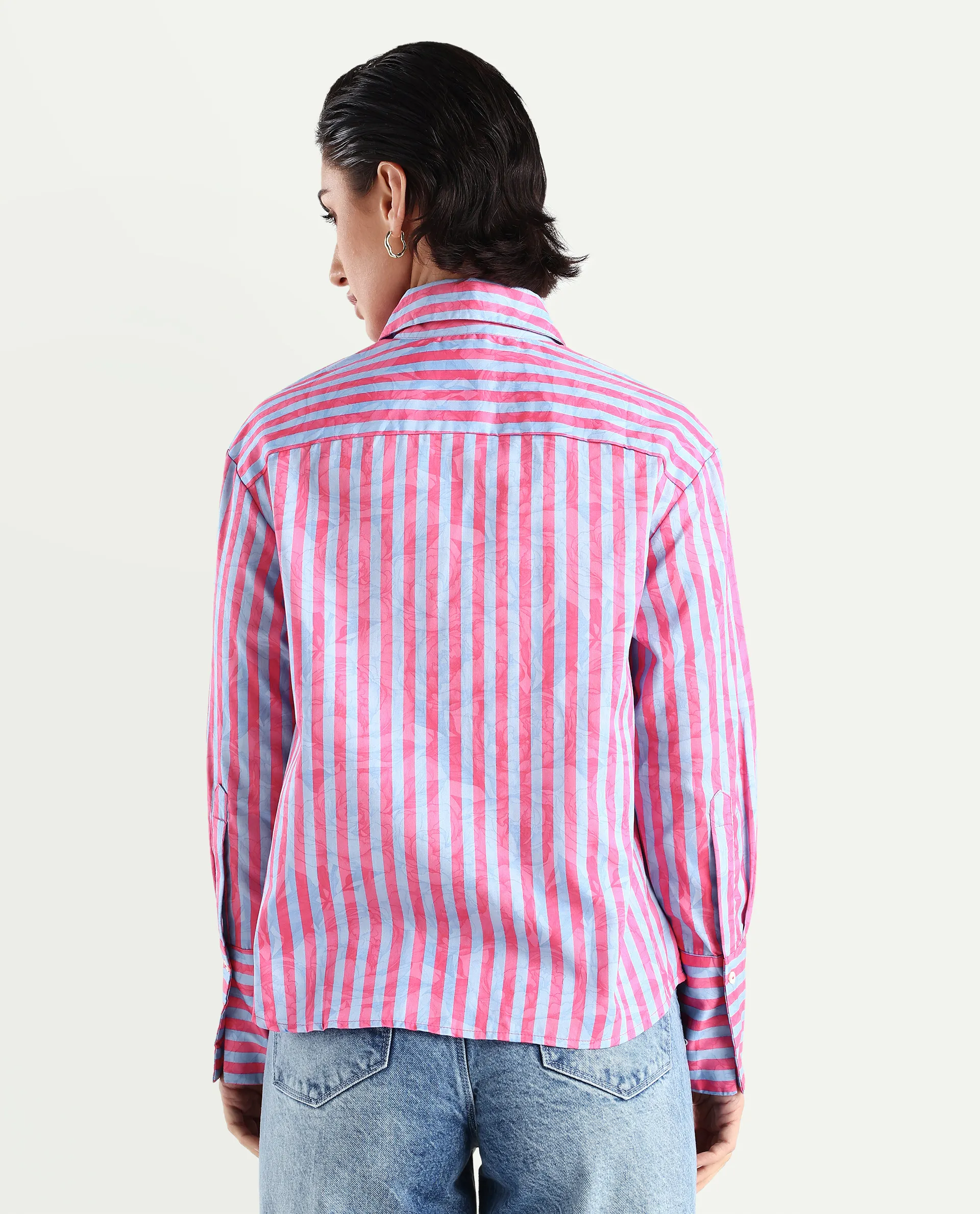 Rareism Women's Venice Pink Cotton Drop Collar Striped Cuffed Sleeve Regular Fit Shirt - Image 7