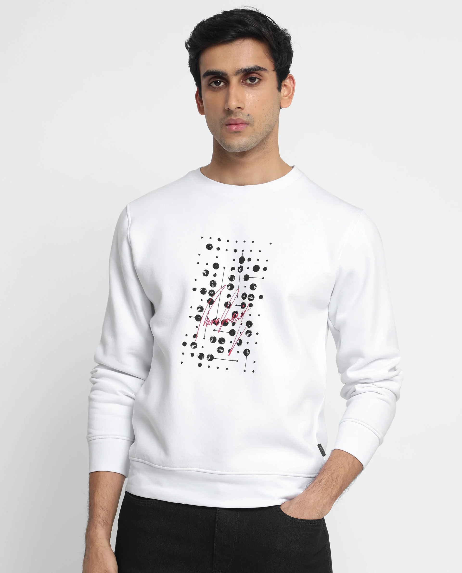 Rare Rabbit Men's Venicee White Cotton Graphic Print Regular Fit Full Sleeve Crew Neck Sweatshirt