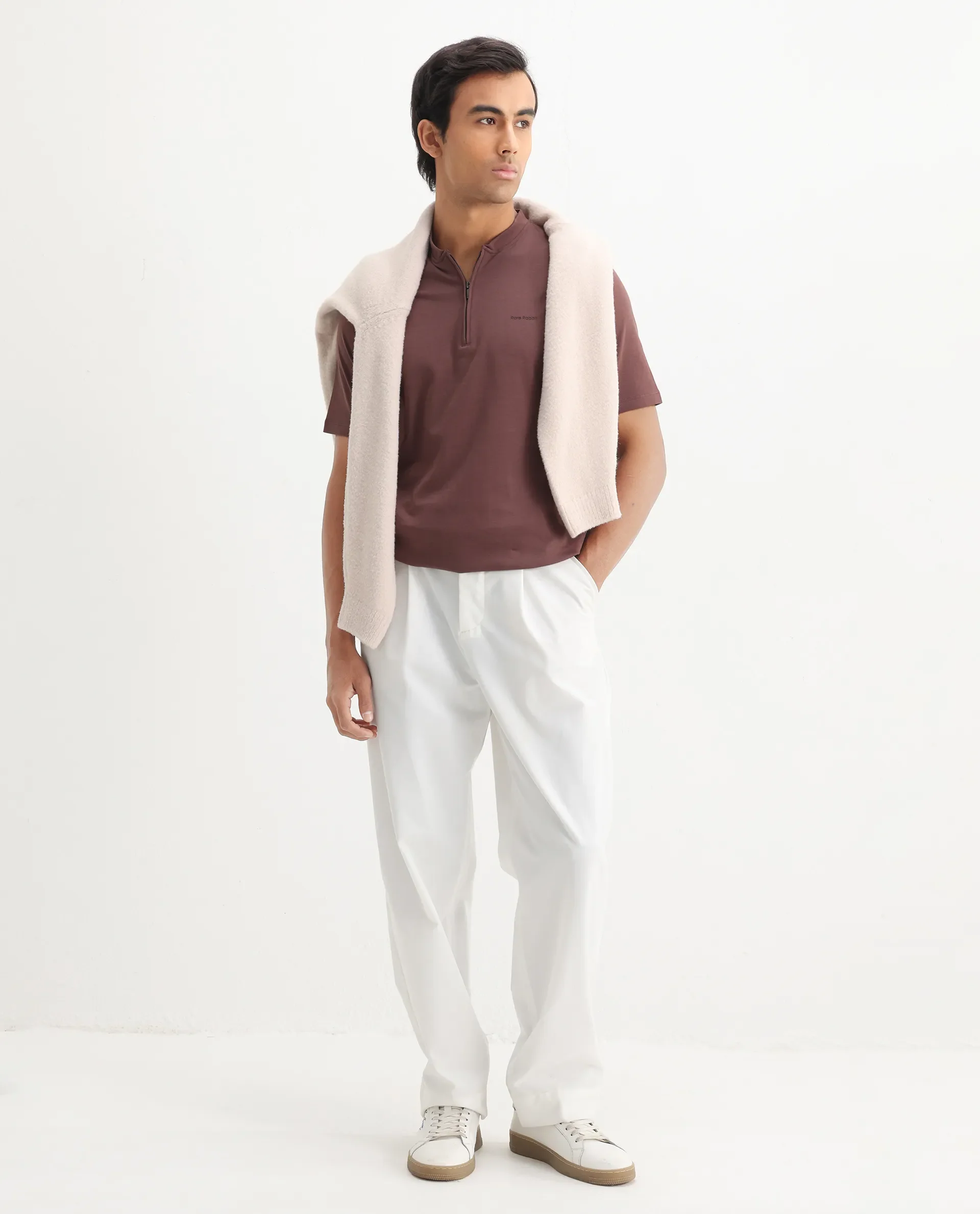Rare Rabbit Men's Veno Brown Cotton Plain Regular Fit Henley Neck Half Sleeve Polo - Image 2