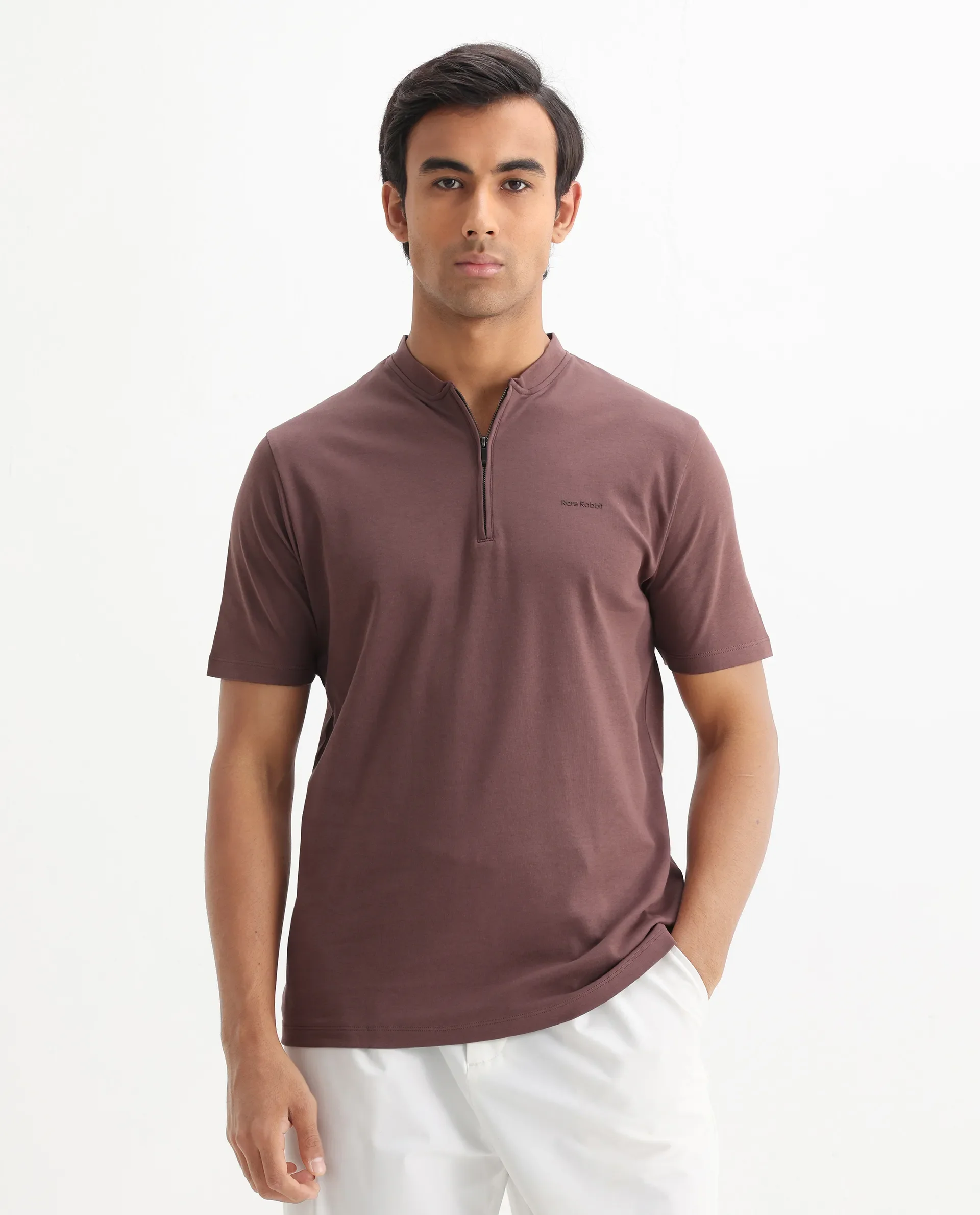 Rare Rabbit Men's Veno Brown Cotton Plain Regular Fit Henley Neck Half Sleeve Polo - Image 3