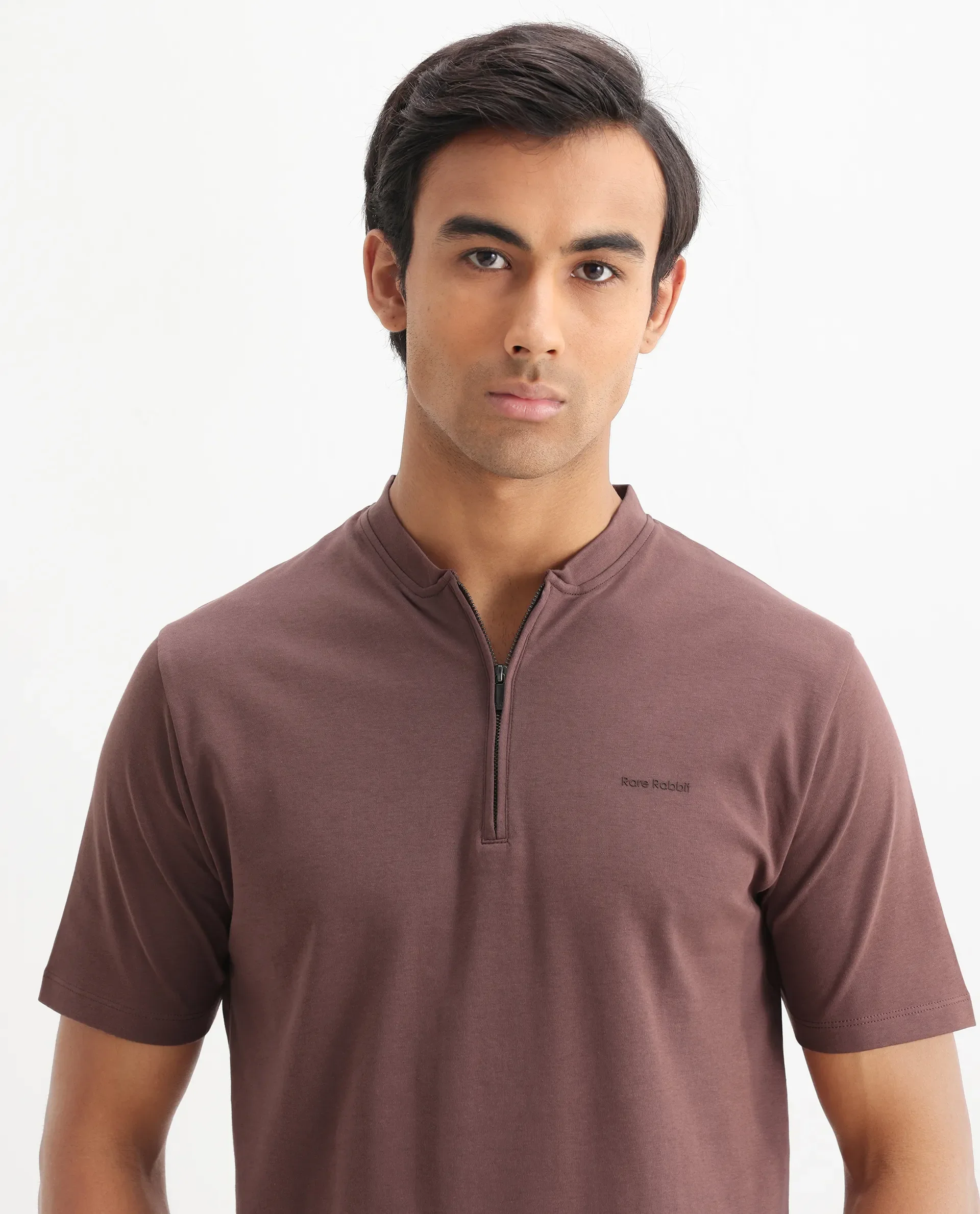 Rare Rabbit Men's Veno Brown Cotton Plain Regular Fit Henley Neck Half Sleeve Polo - Image 4