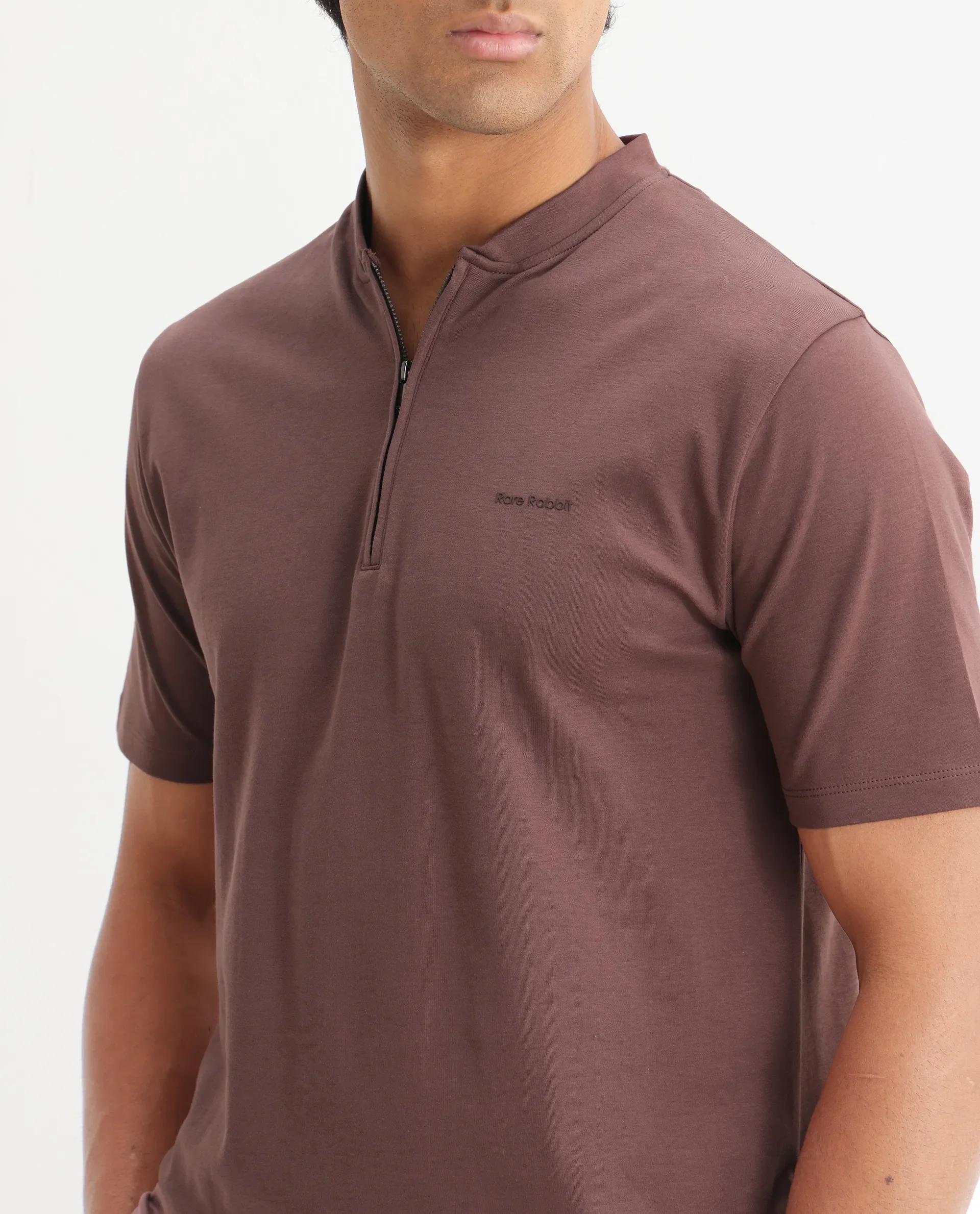 Rare Rabbit Men's Veno Brown Cotton Plain Regular Fit Henley Neck Half Sleeve Polo - Image 5