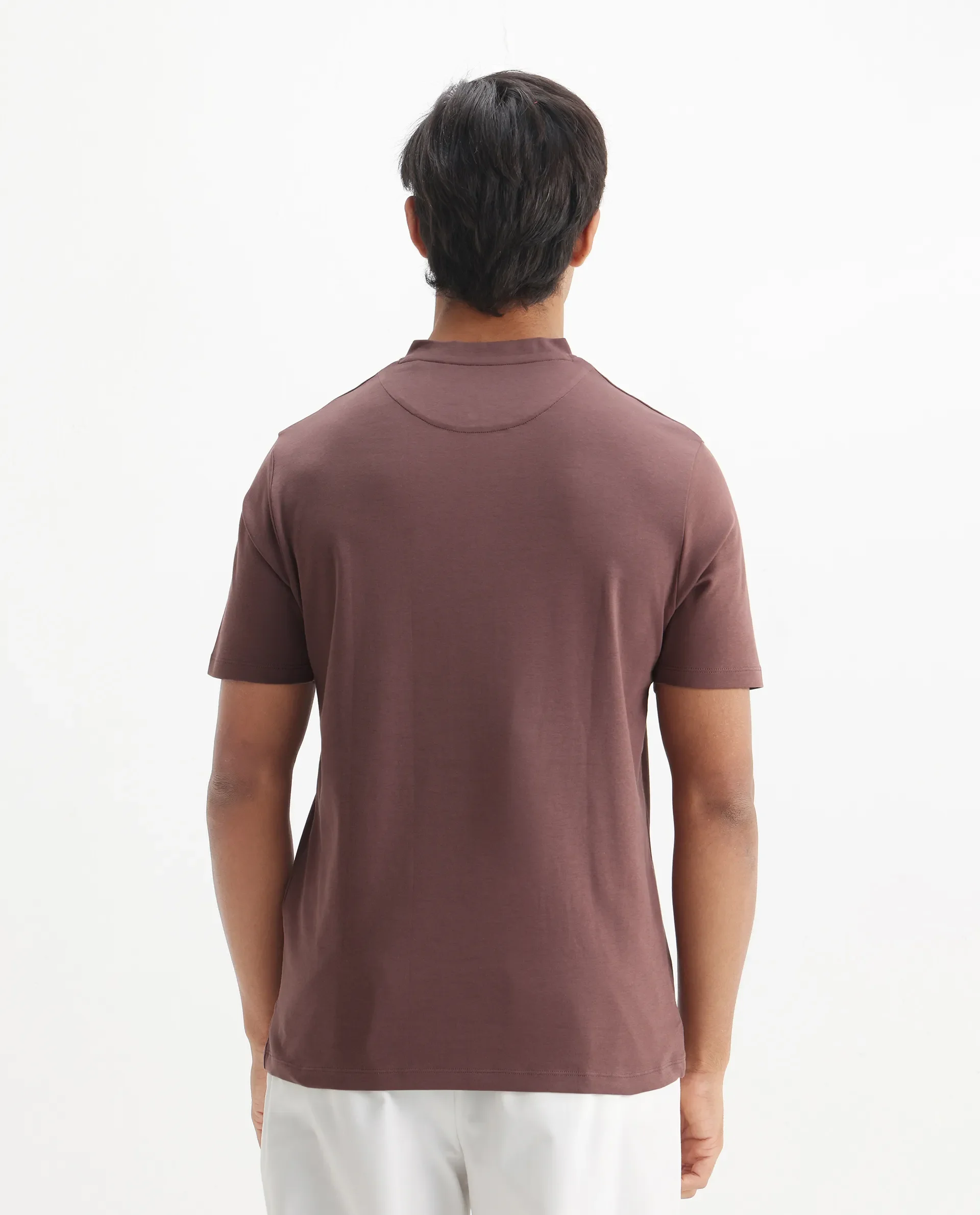 Rare Rabbit Men's Veno Brown Cotton Plain Regular Fit Henley Neck Half Sleeve Polo - Image 6