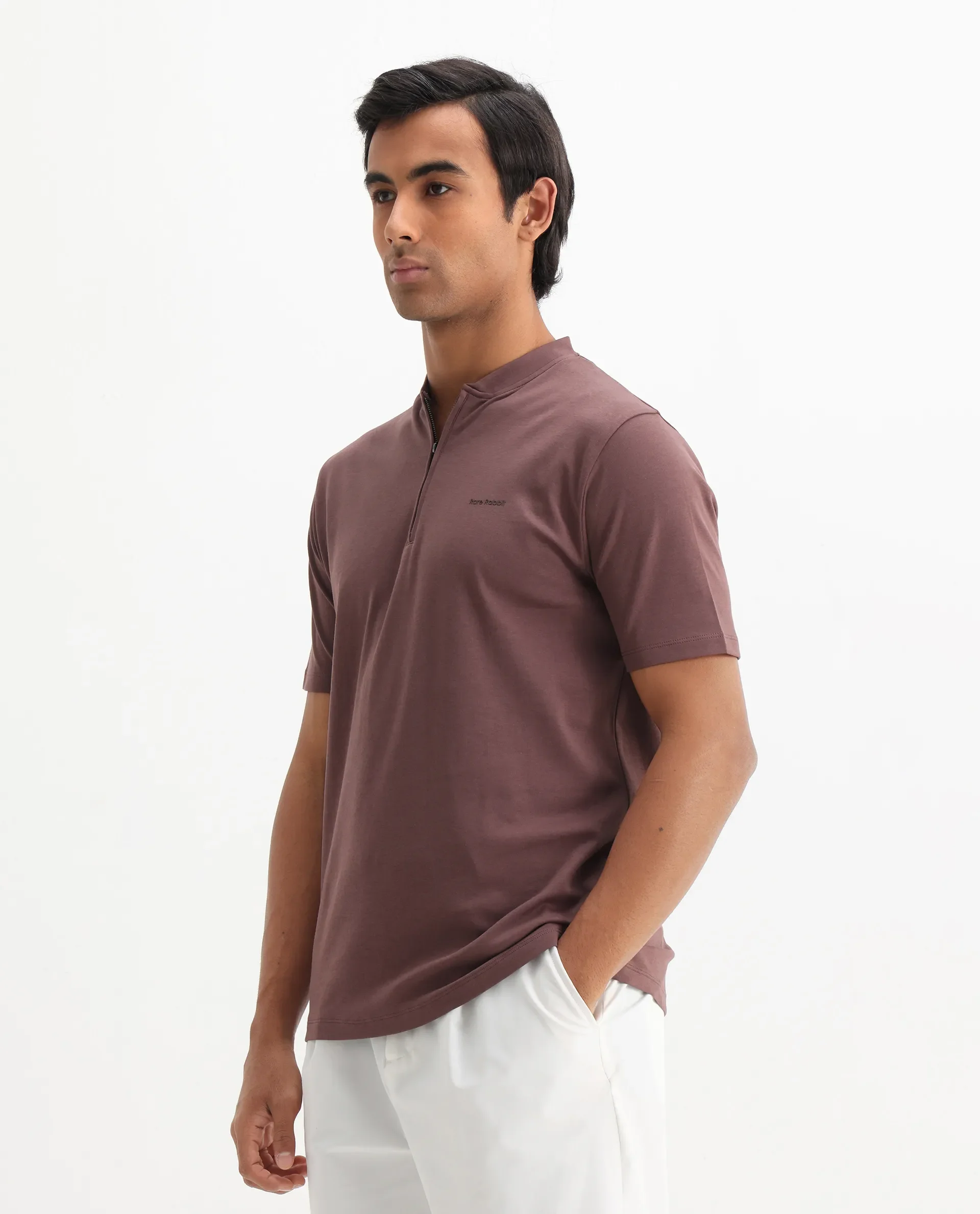 Rare Rabbit Men's Veno Brown Cotton Plain Regular Fit Henley Neck Half Sleeve Polo - Image 7