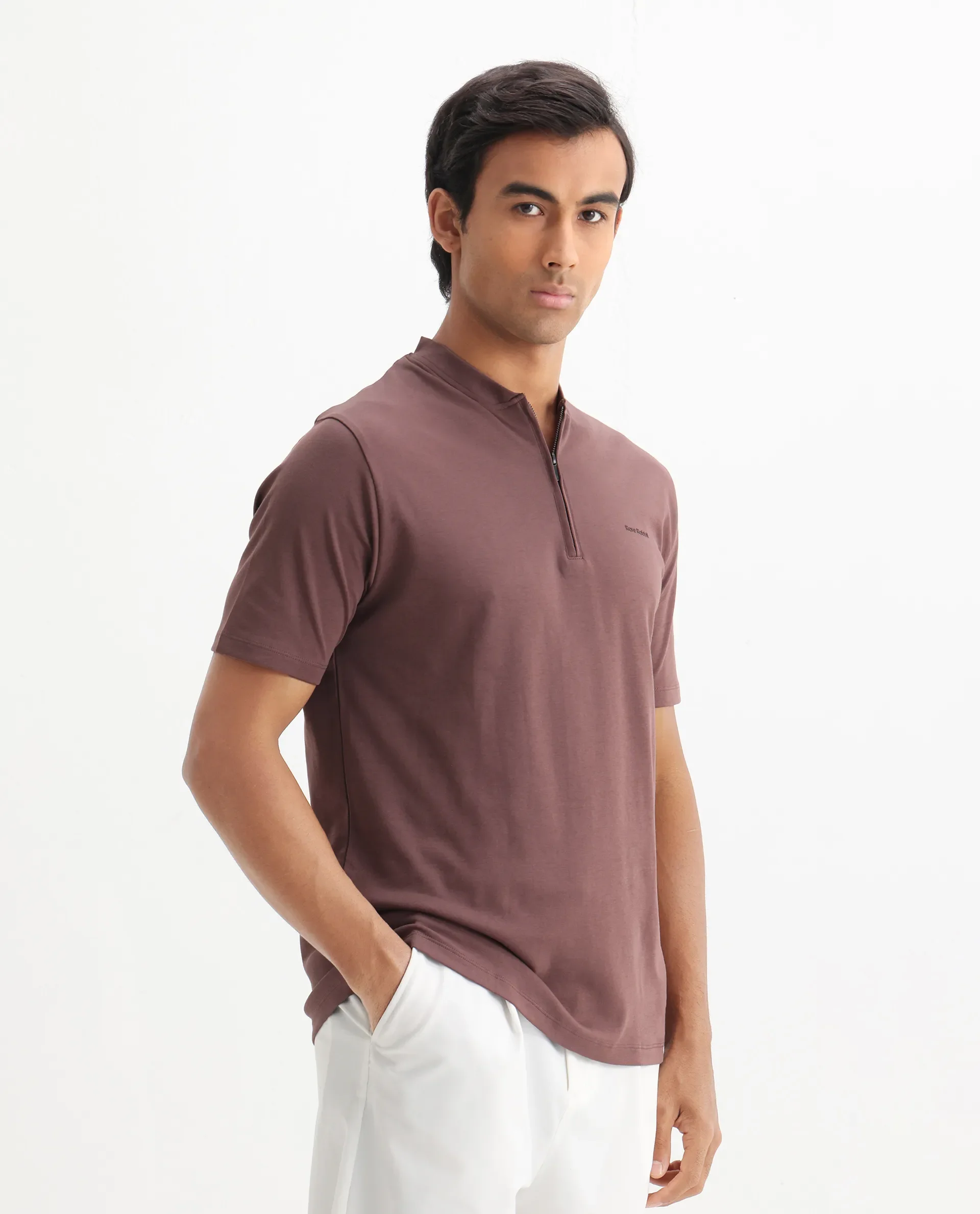 Rare Rabbit Men's Veno Brown Cotton Plain Regular Fit Henley Neck Half Sleeve Polo - Image 8