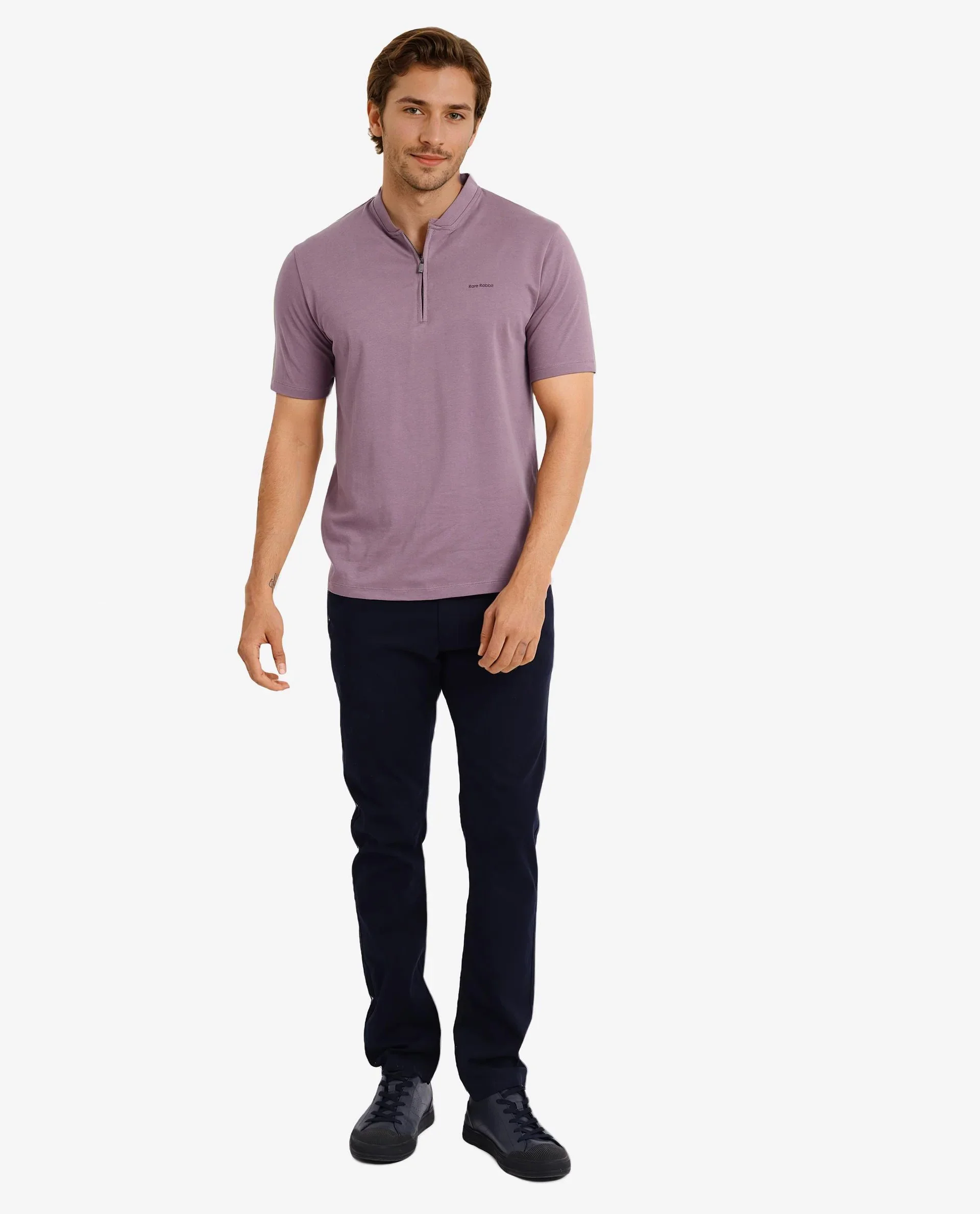 Rare Rabbit Men's Veno Dusky Purple Cotton Plain Regular Fit Half Sleeve Polo - Image 2