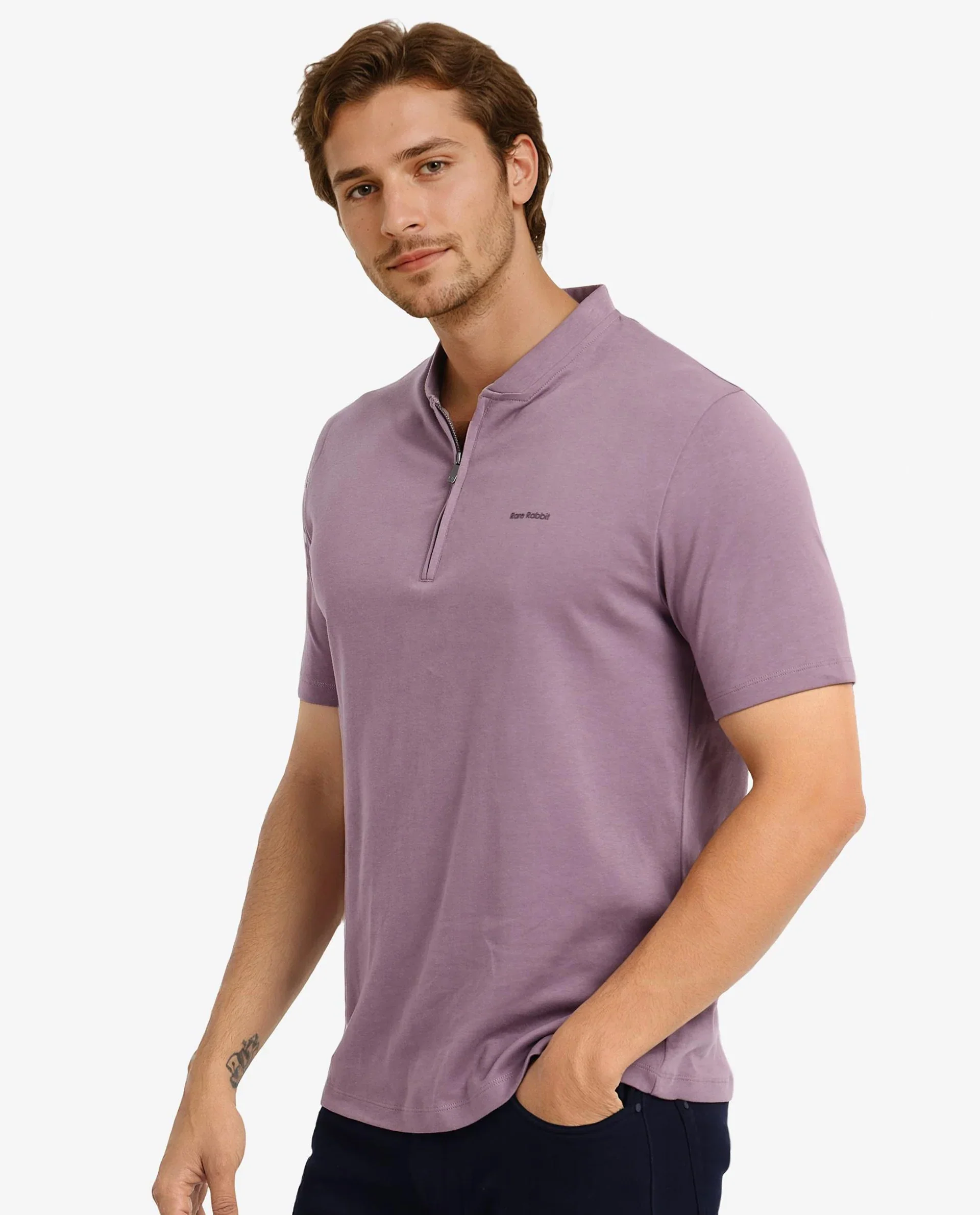 Rare Rabbit Men's Veno Dusky Purple Cotton Plain Regular Fit Half Sleeve Polo - Image 8