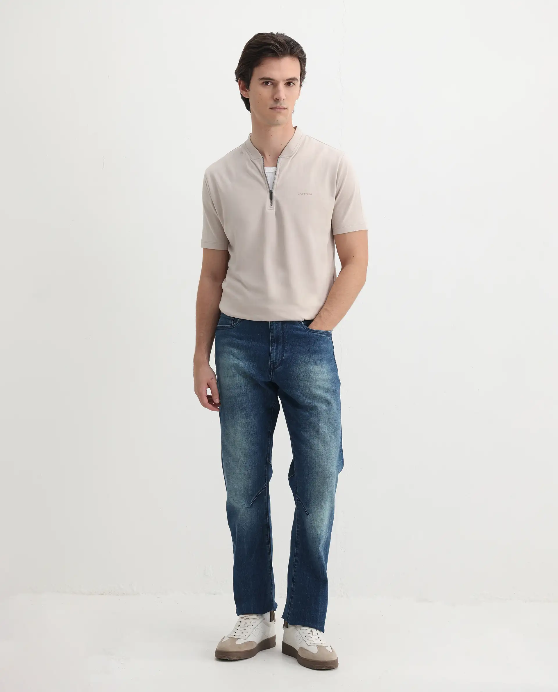 Rare Rabbit Men's Veno Light Beige Cotton Plain Regular Fit Half Sleeve Polo - Image 2