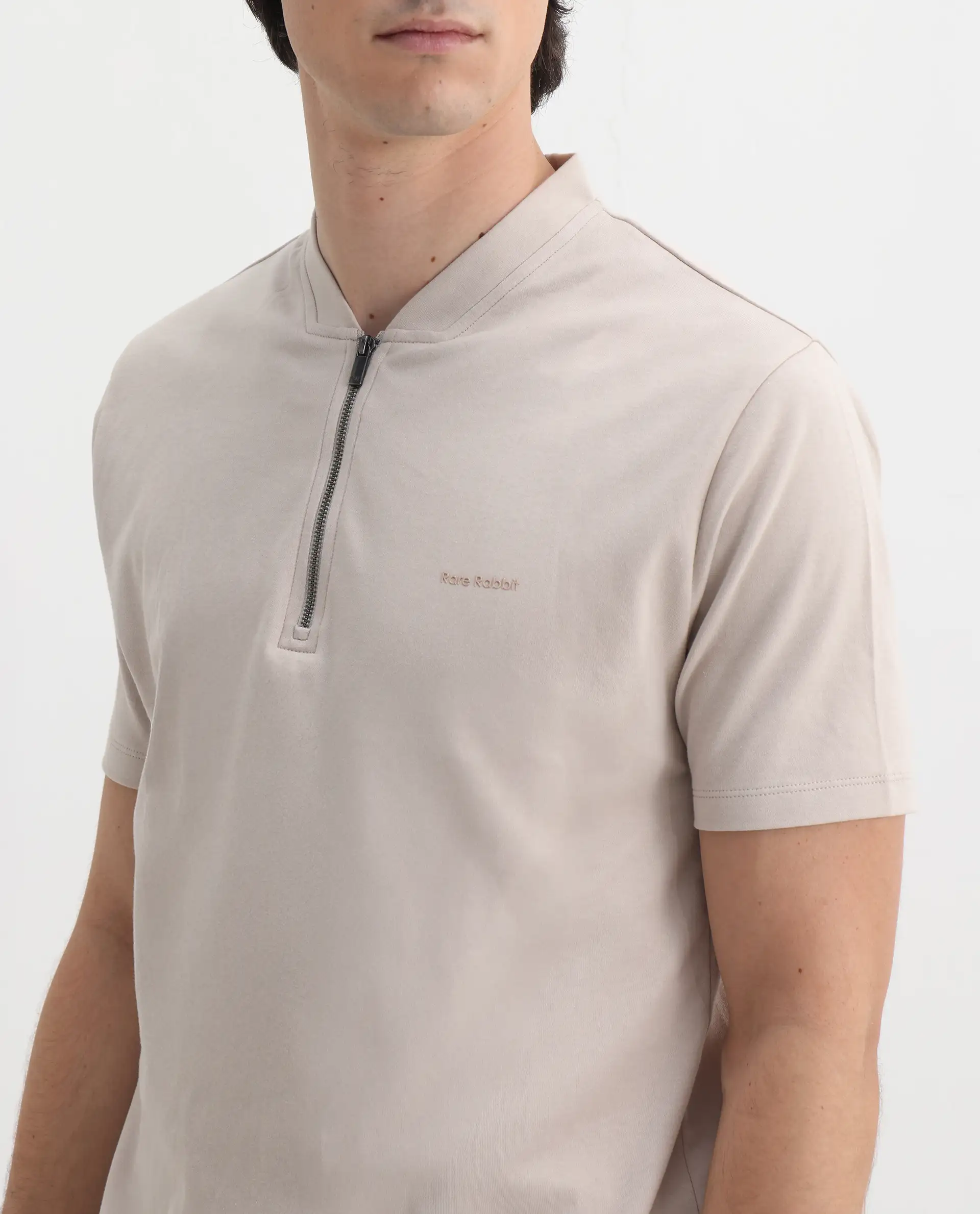 Rare Rabbit Men's Veno Light Beige Cotton Plain Regular Fit Half Sleeve Polo - Image 3