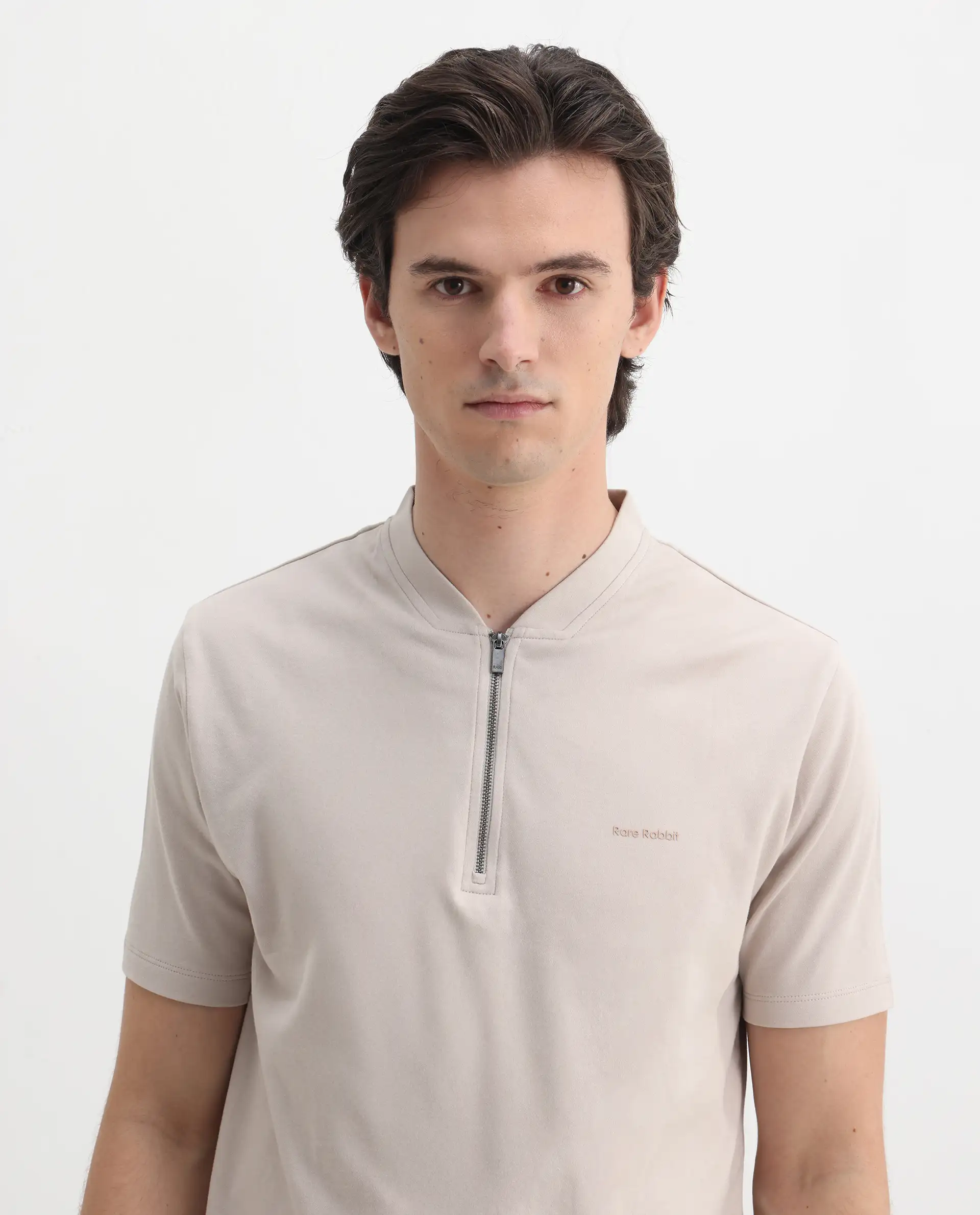 Rare Rabbit Men's Veno Light Beige Cotton Plain Regular Fit Half Sleeve Polo - Image 4