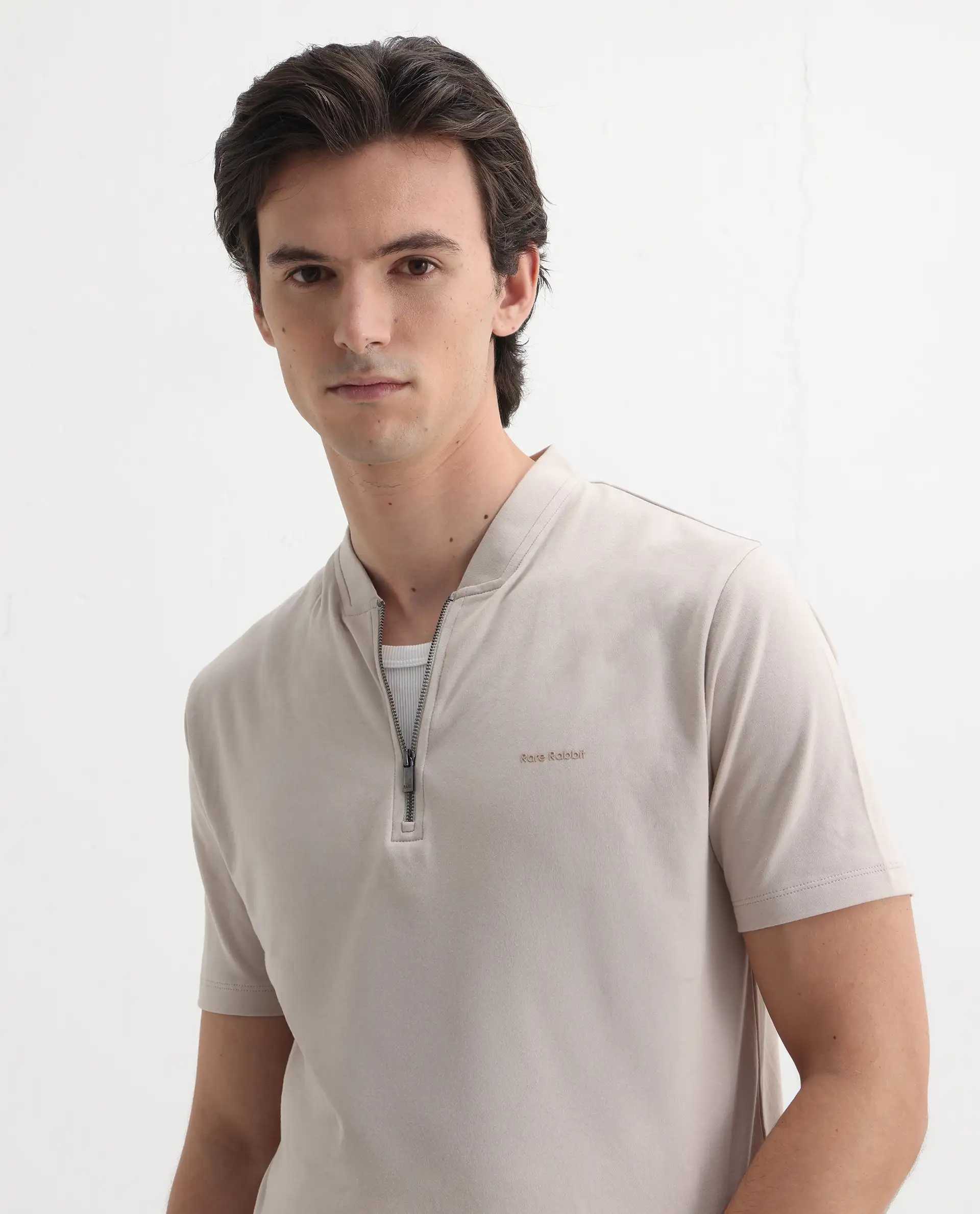 Rare Rabbit Men's Veno Light Beige Cotton Plain Regular Fit Half Sleeve Polo - Image 5