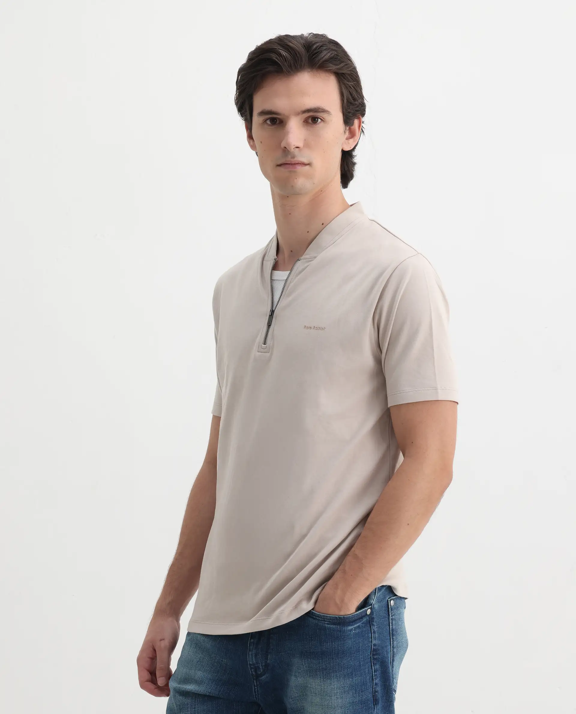 Rare Rabbit Men's Veno Light Beige Cotton Plain Regular Fit Half Sleeve Polo - Image 6