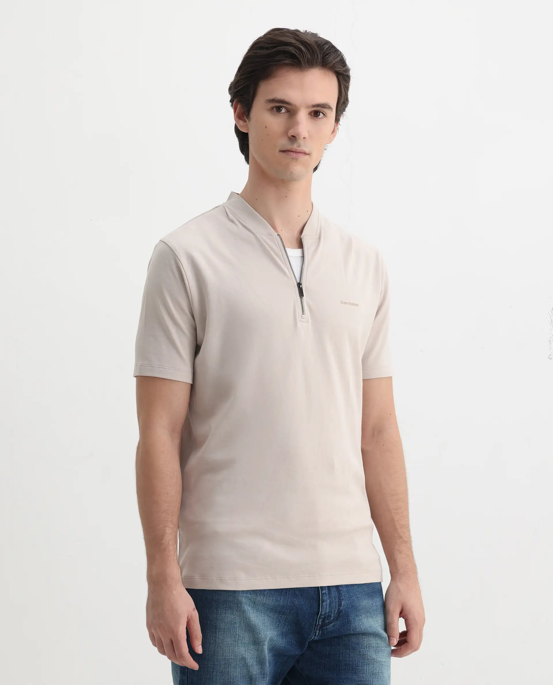 Rare Rabbit Men's Veno Light Beige Cotton Plain Regular Fit Half Sleeve Polo - Image 7