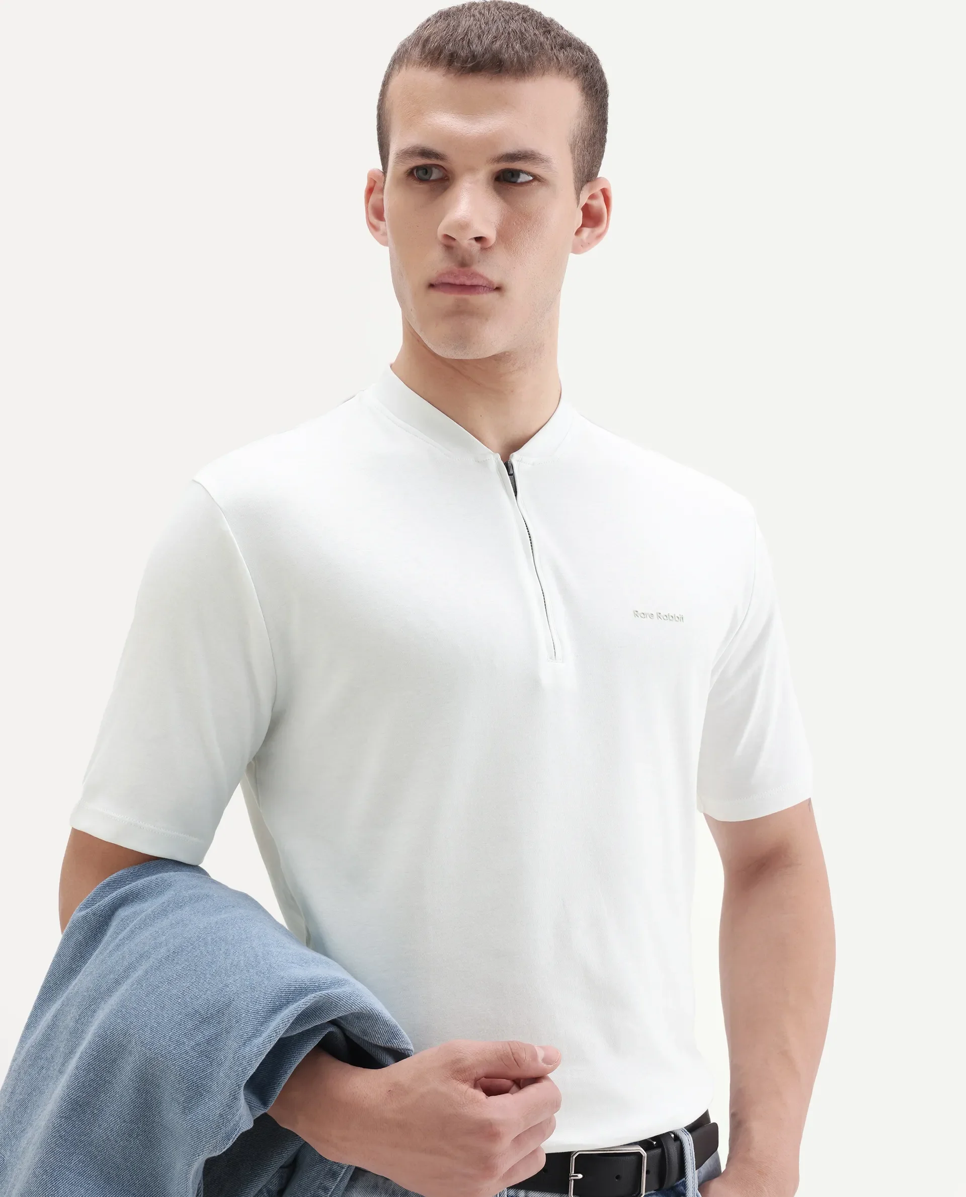 Rare Rabbit Men's Veno White Cotton Plain Regular Fit Henley Neck Half Sleeve Polo