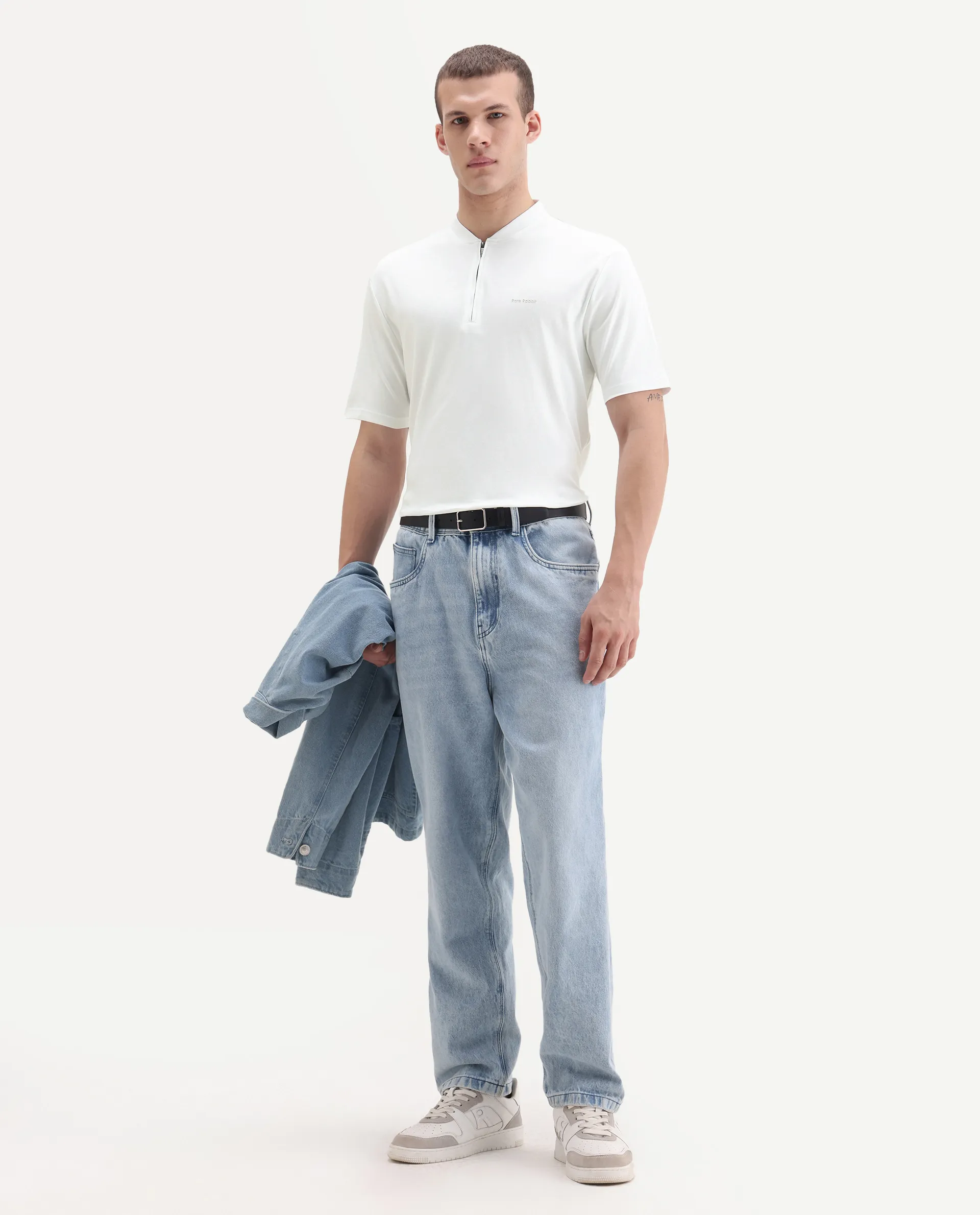 Rare Rabbit Men's Veno White Cotton Plain Regular Fit Henley Neck Half Sleeve Polo - Image 2