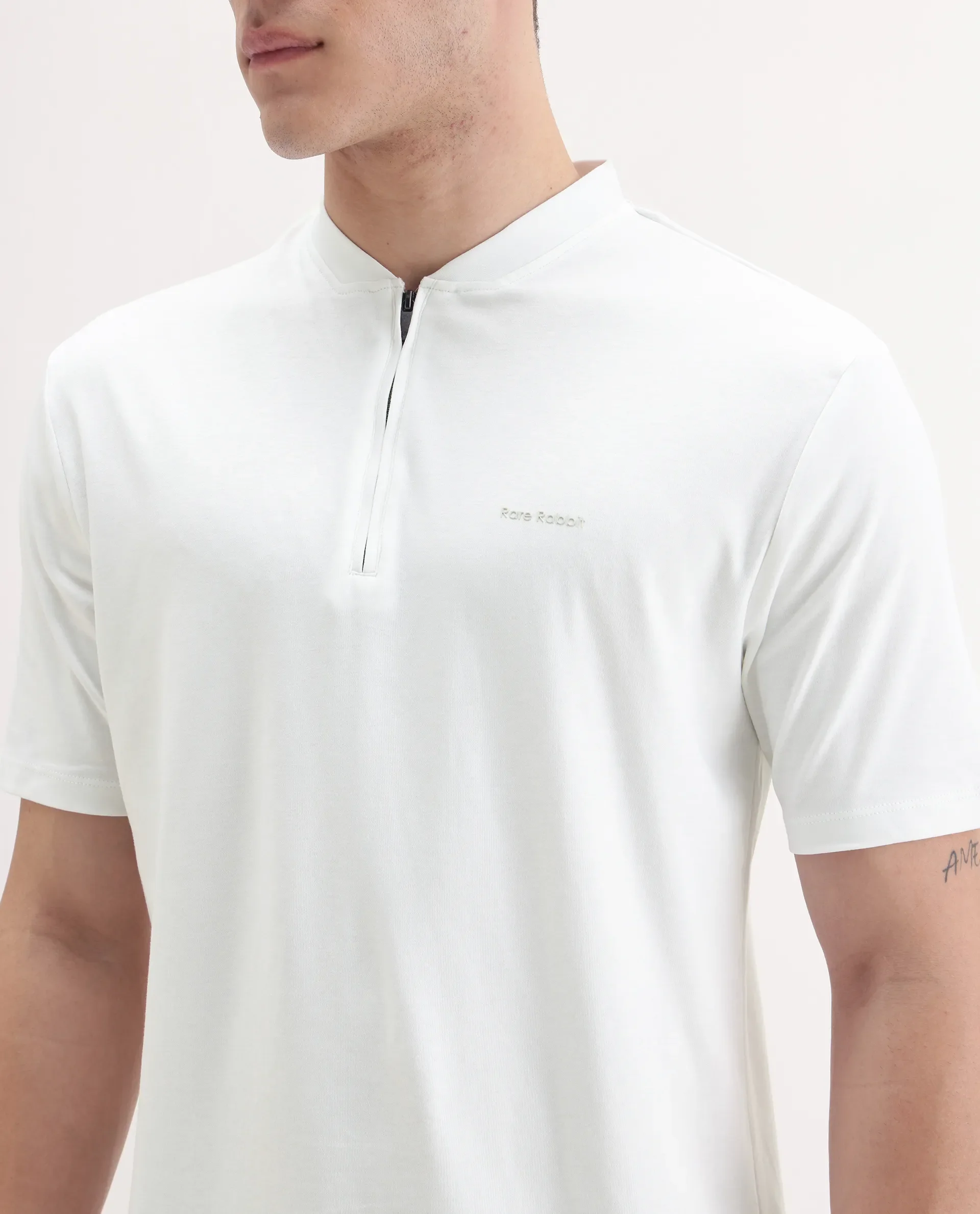 Rare Rabbit Men's Veno White Cotton Plain Regular Fit Henley Neck Half Sleeve Polo - Image 3