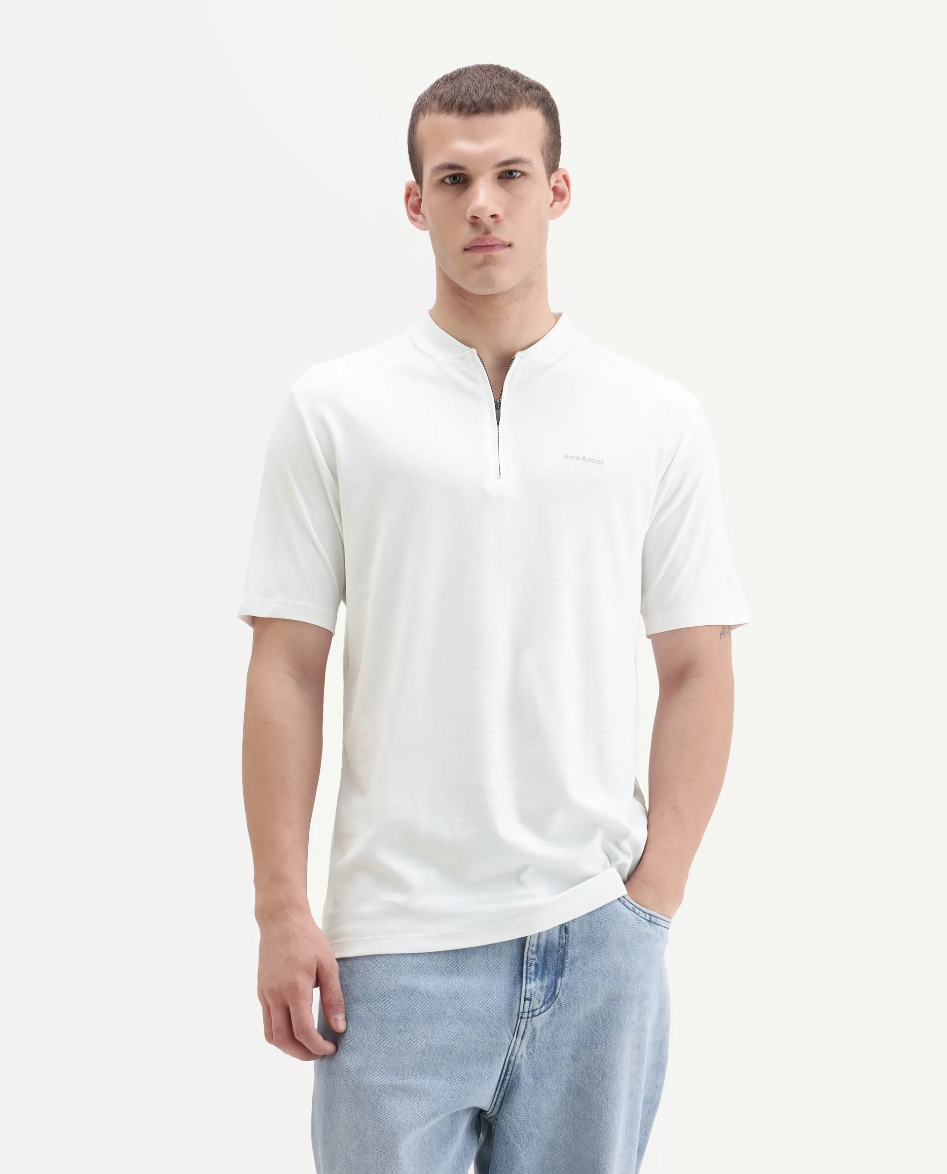 Rare Rabbit Men's Veno White Cotton Plain Regular Fit Henley Neck Half Sleeve Polo - Image 4
