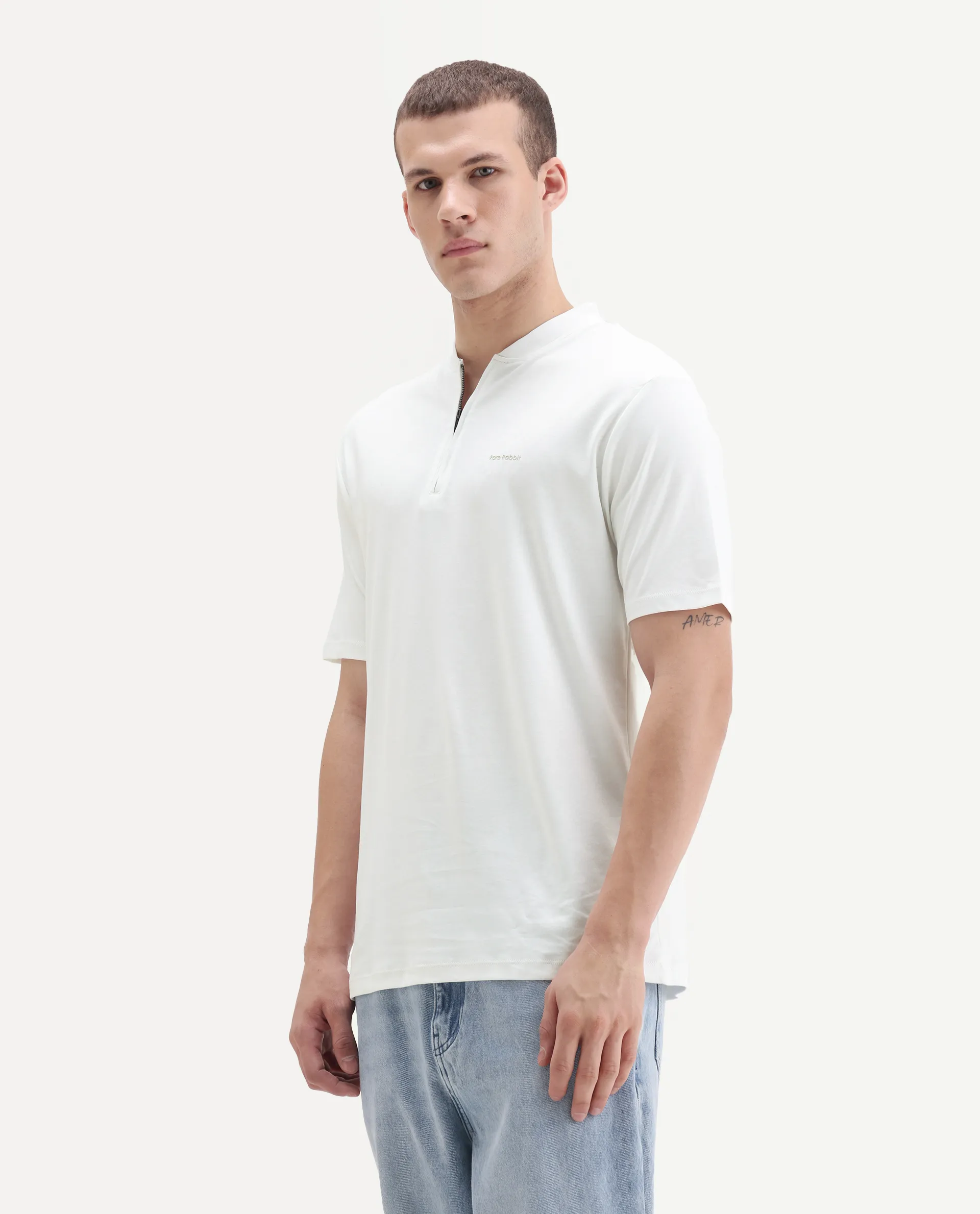 Rare Rabbit Men's Veno White Cotton Plain Regular Fit Henley Neck Half Sleeve Polo - Image 5