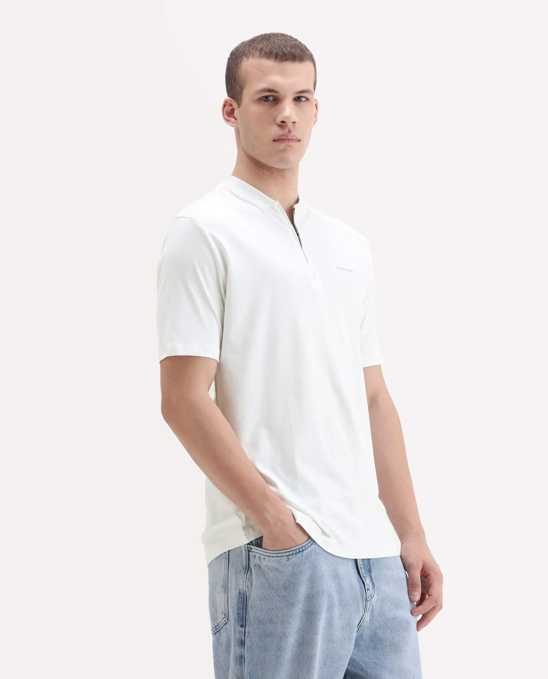 Rare Rabbit Men's Veno White Cotton Plain Regular Fit Henley Neck Half Sleeve Polo - Image 6