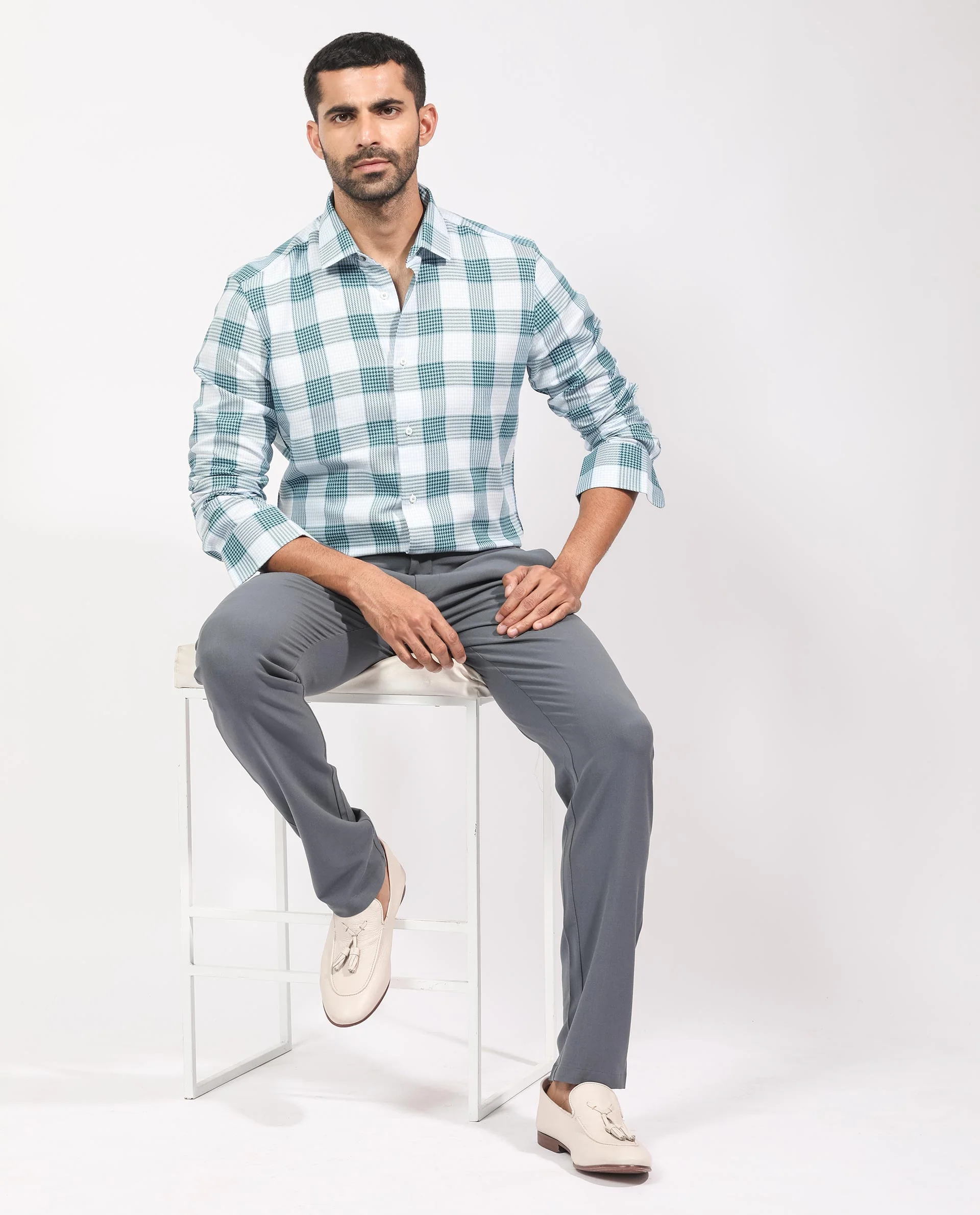 Rare Rabbit Men's Ventura Light Blue Cotton Checked Print Regular Fit Full Sleeve Collared Shirt - Image 2