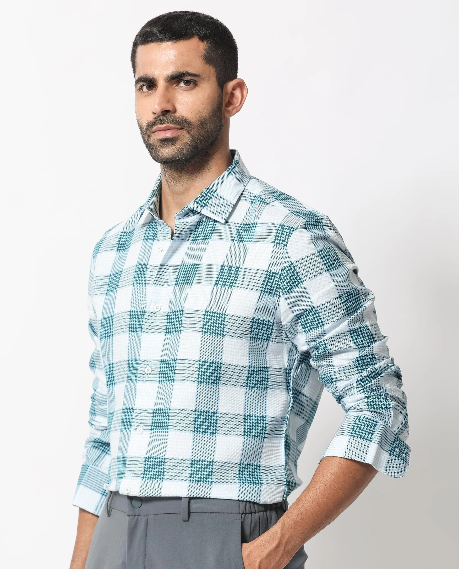 Rare Rabbit Men's Ventura Light Blue Cotton Checked Print Regular Fit Full Sleeve Collared Shirt - Image 6