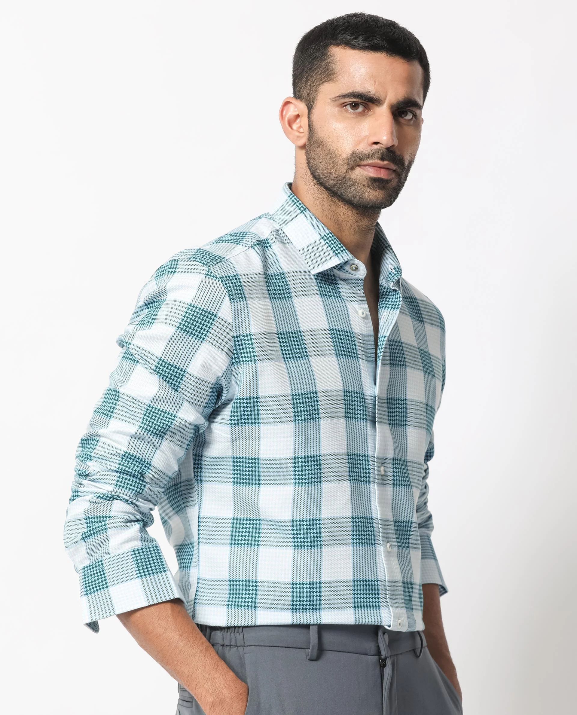Rare Rabbit Men's Ventura Light Blue Cotton Checked Print Regular Fit Full Sleeve Collared Shirt - Image 7
