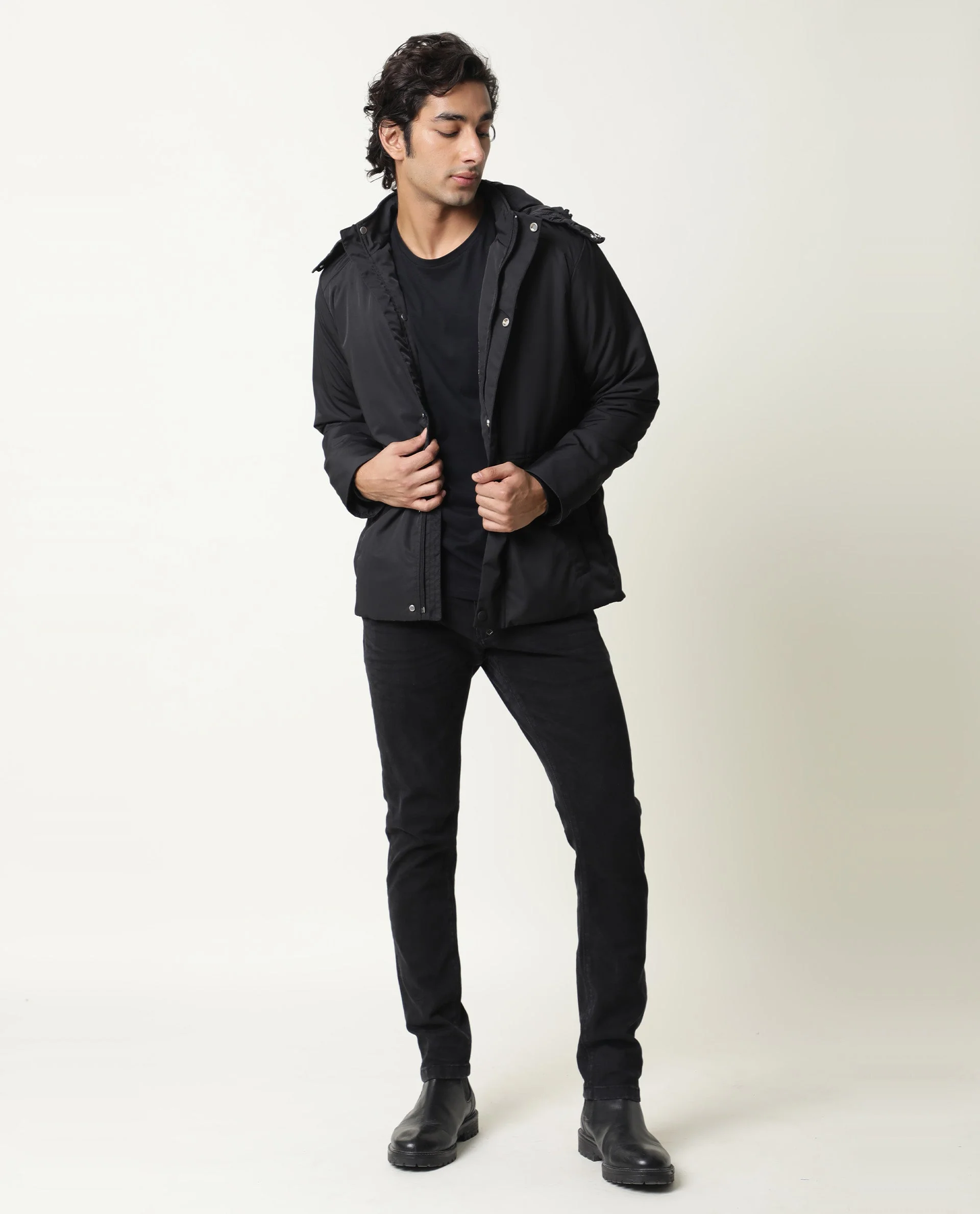 Rare Rabbit Men's Venue Black Polyester Plain Regular Fit Full Sleeve Hooded Jacket - Image 2