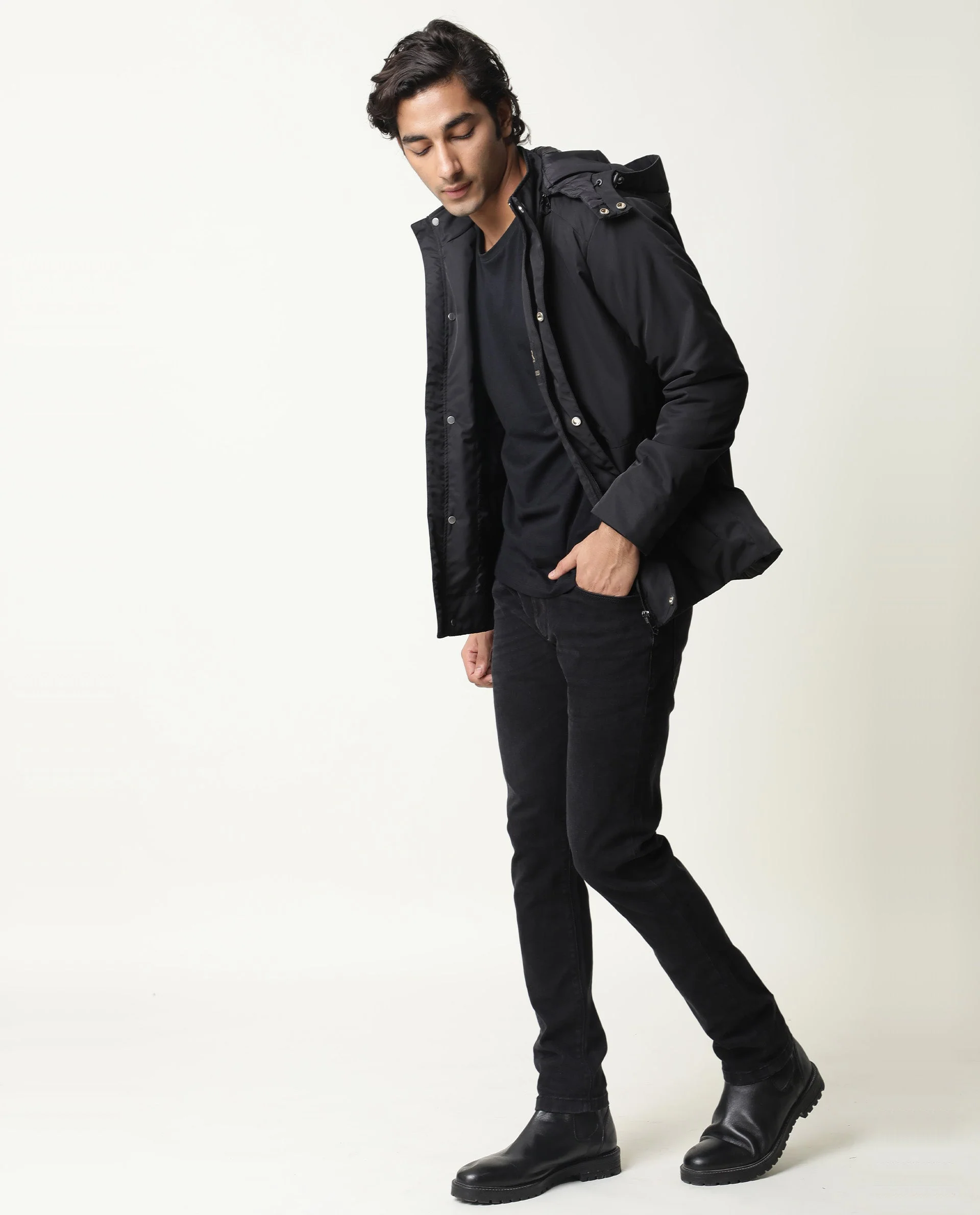 Rare Rabbit Men's Venue Black Polyester Plain Regular Fit Full Sleeve Hooded Jacket - Image 3