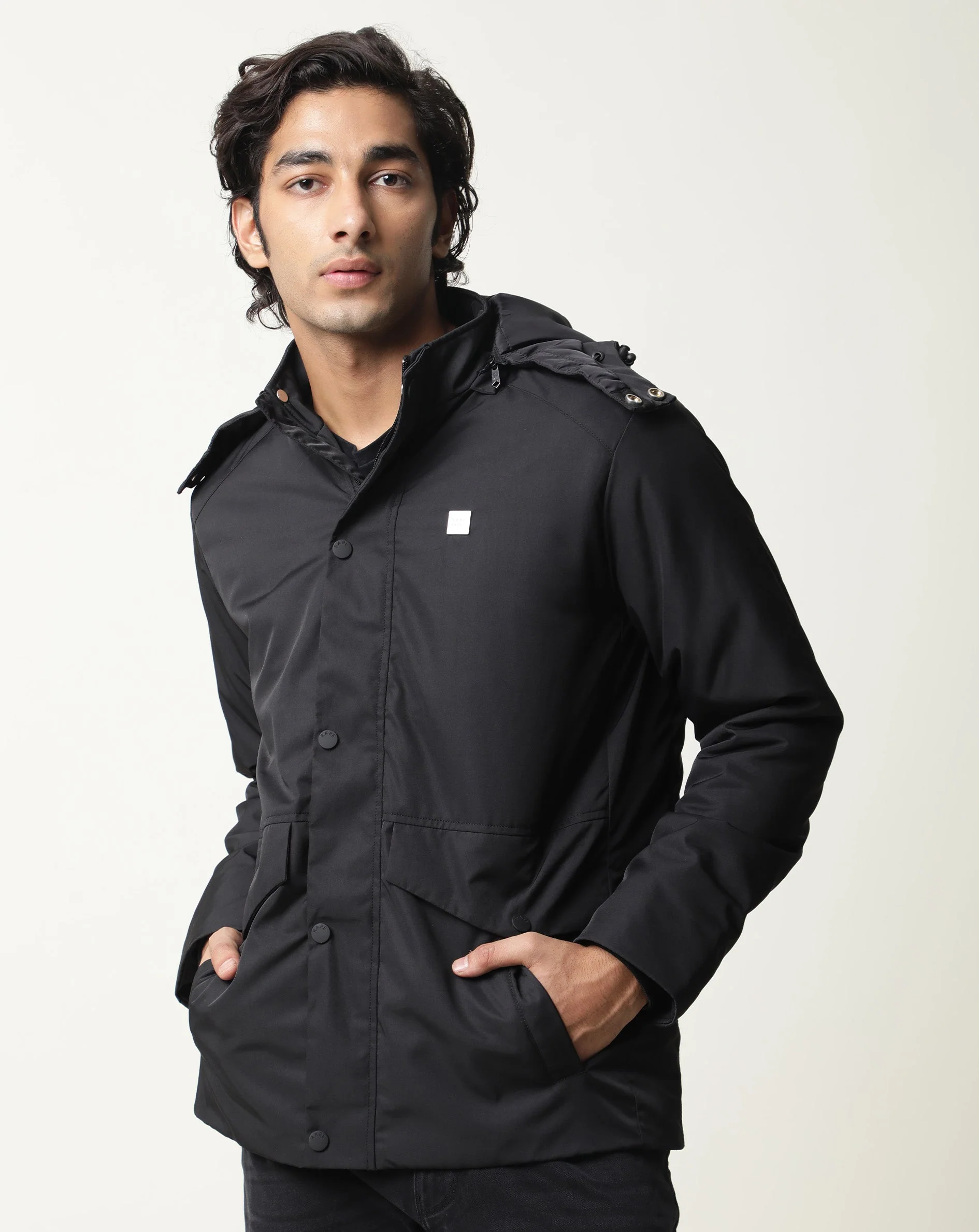 Rare Rabbit Men's Venue Black Polyester Plain Regular Fit Full Sleeve Hooded Jacket - Image 4
