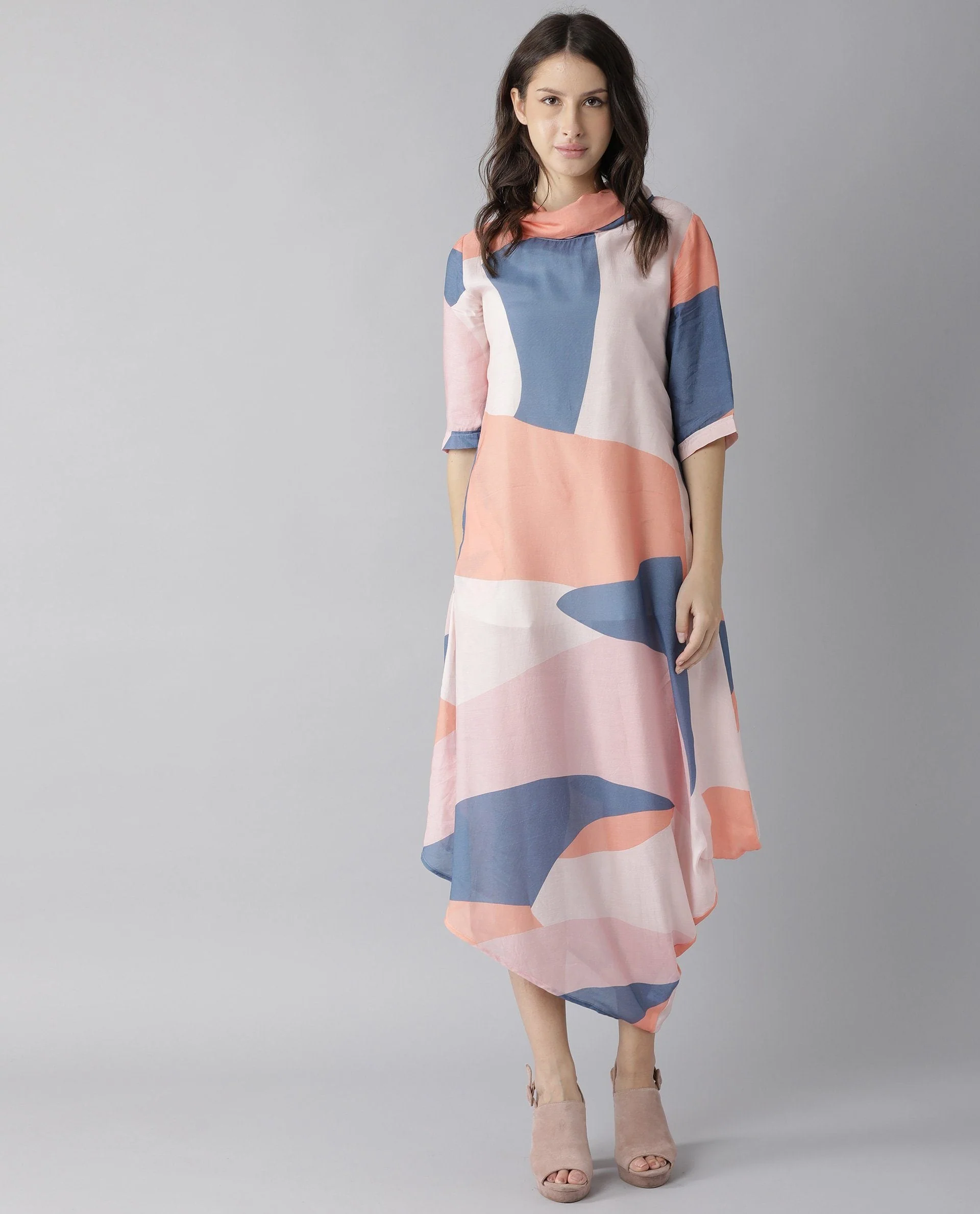 Rareism Women Venus Peach Dress Short Sleeves Printed