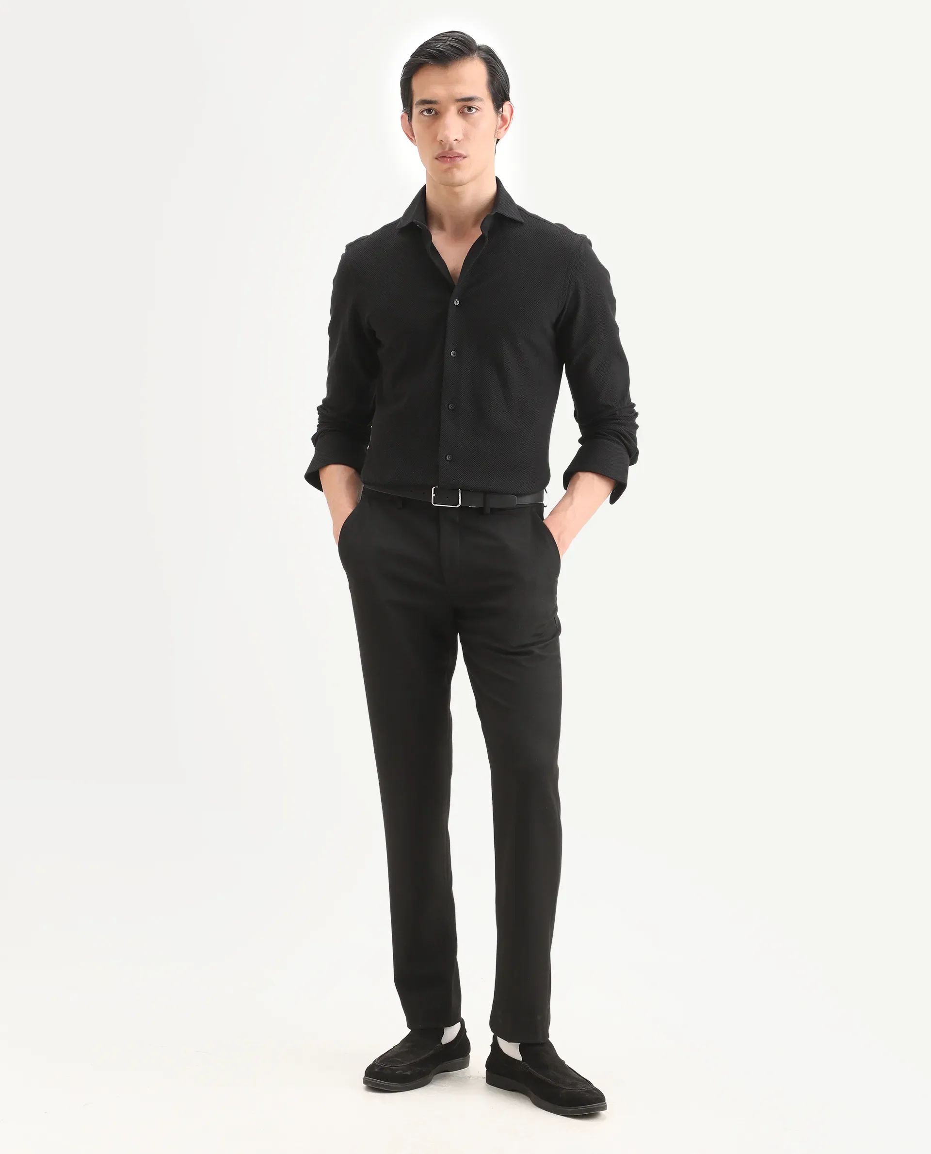 Rare Rabbit Men's Venziya-25 Black Cotton Fabric Spread Collar Regular Fit Textured Shirt - Image 2