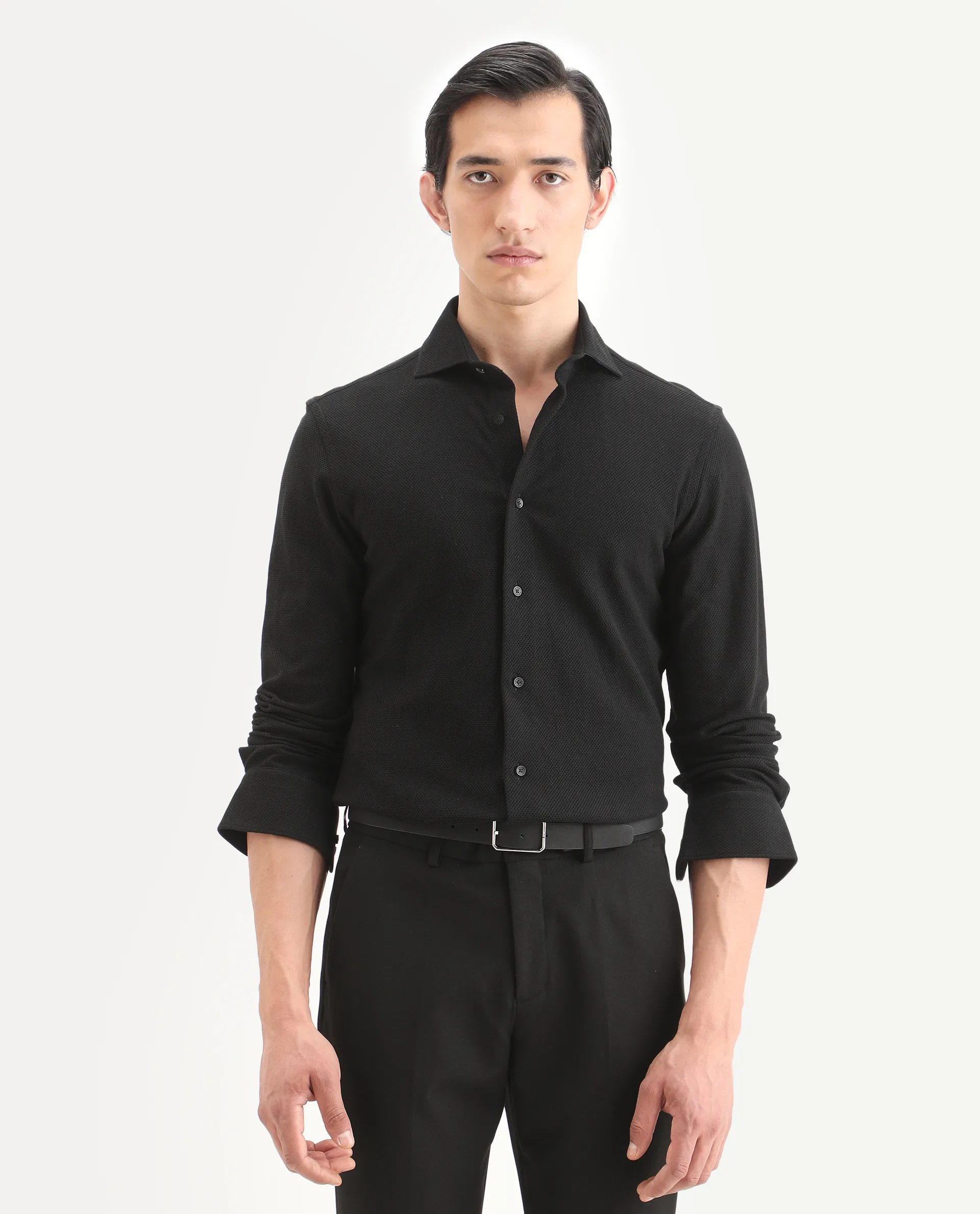 Rare Rabbit Men's Venziya-25 Black Cotton Fabric Spread Collar Regular Fit Textured Shirt - Image 3