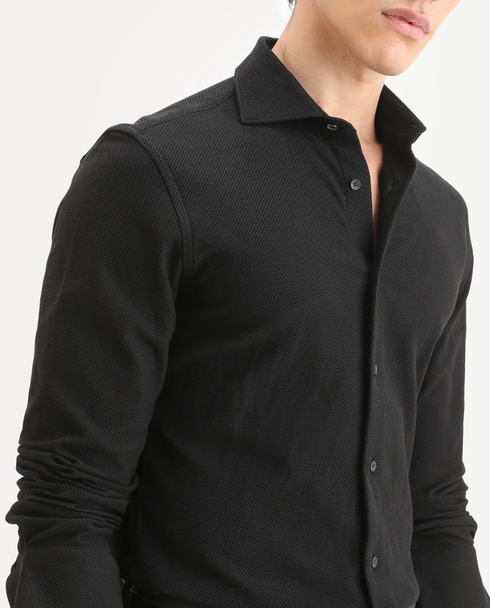 Rare Rabbit Men's Venziya-25 Black Cotton Fabric Spread Collar Regular Fit Textured Shirt - Image 4