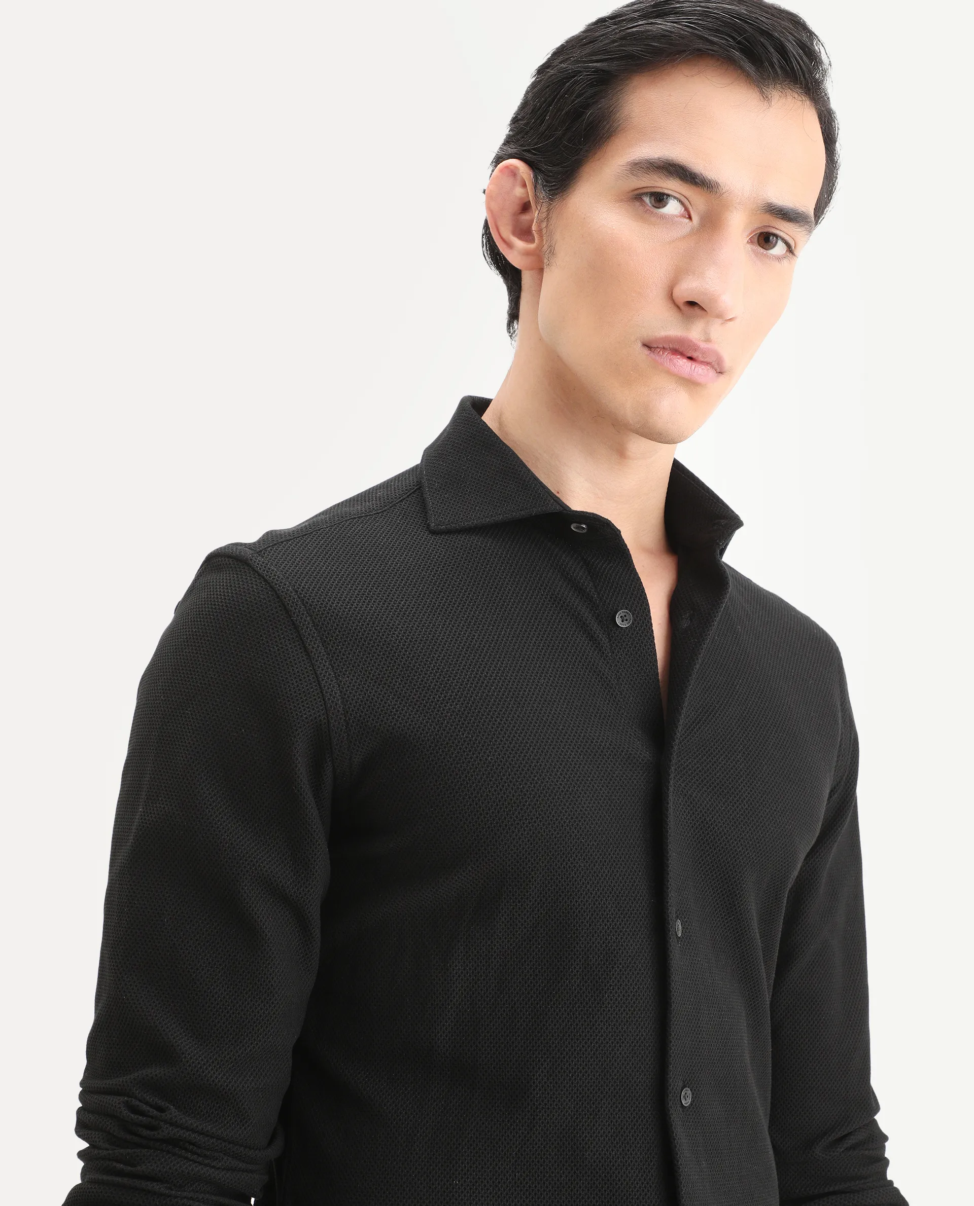 Rare Rabbit Men's Venziya-25 Black Cotton Fabric Spread Collar Regular Fit Textured Shirt - Image 5