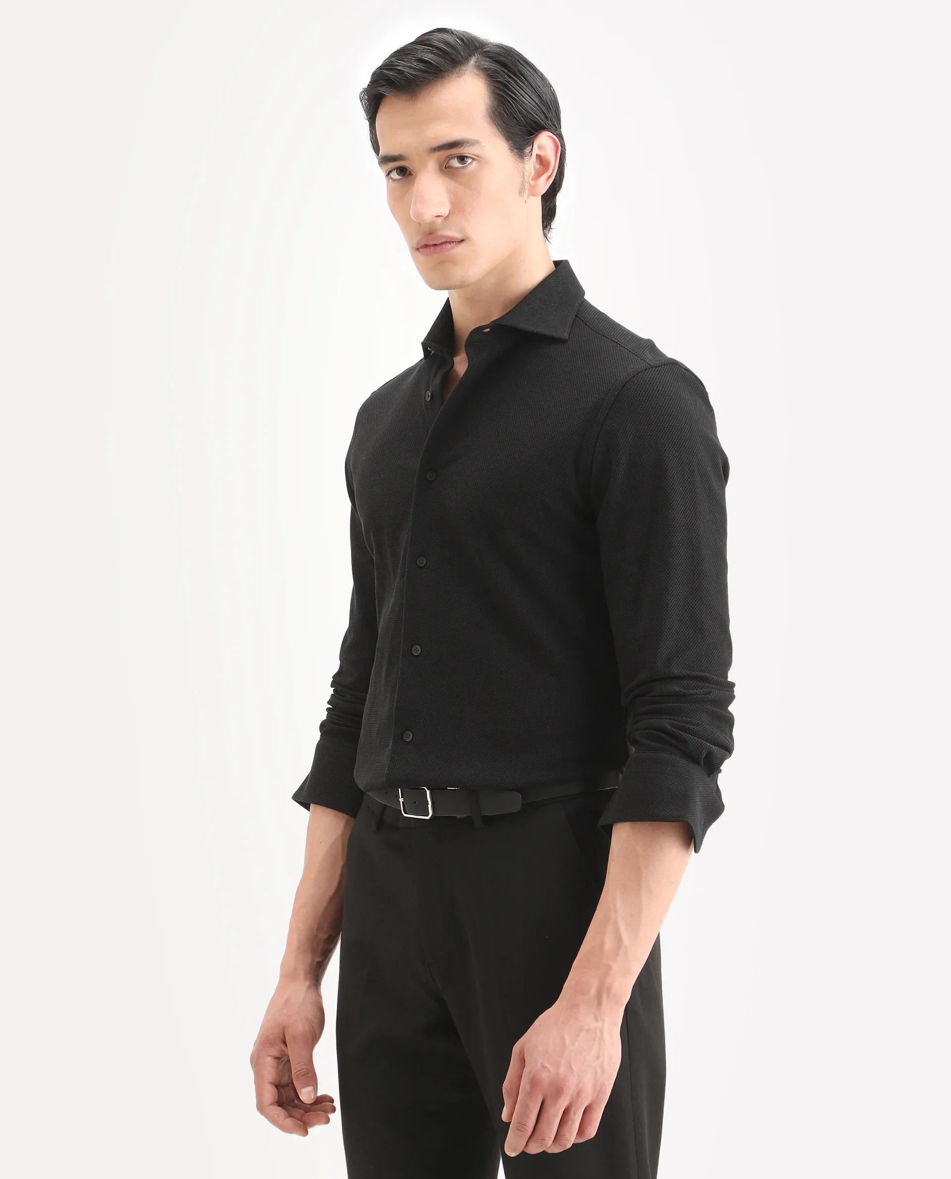 Rare Rabbit Men's Venziya-25 Black Cotton Fabric Spread Collar Regular Fit Textured Shirt - Image 6