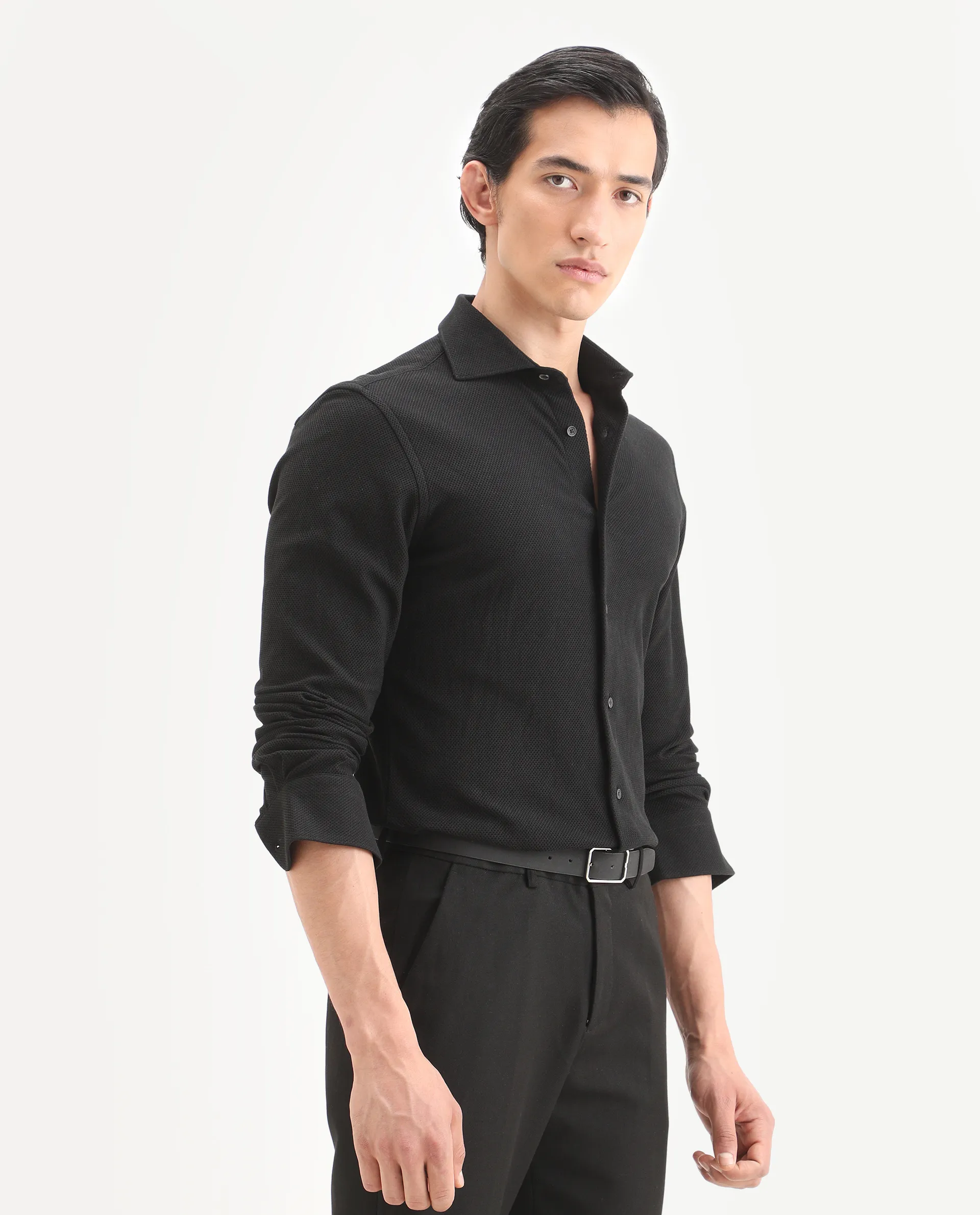Rare Rabbit Men's Venziya-25 Black Cotton Fabric Spread Collar Regular Fit Textured Shirt - Image 7