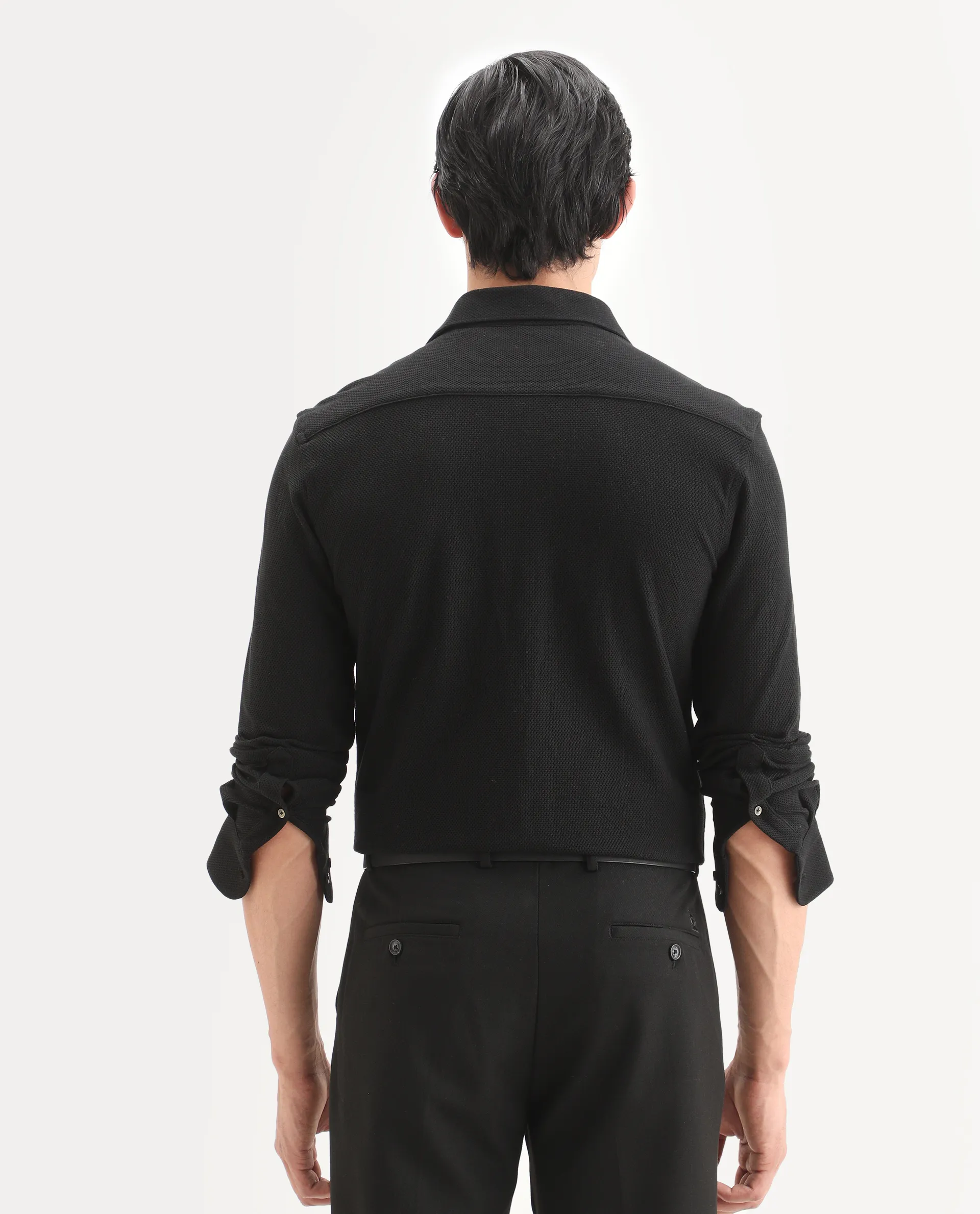 Rare Rabbit Men's Venziya-25 Black Cotton Fabric Spread Collar Regular Fit Textured Shirt - Image 8