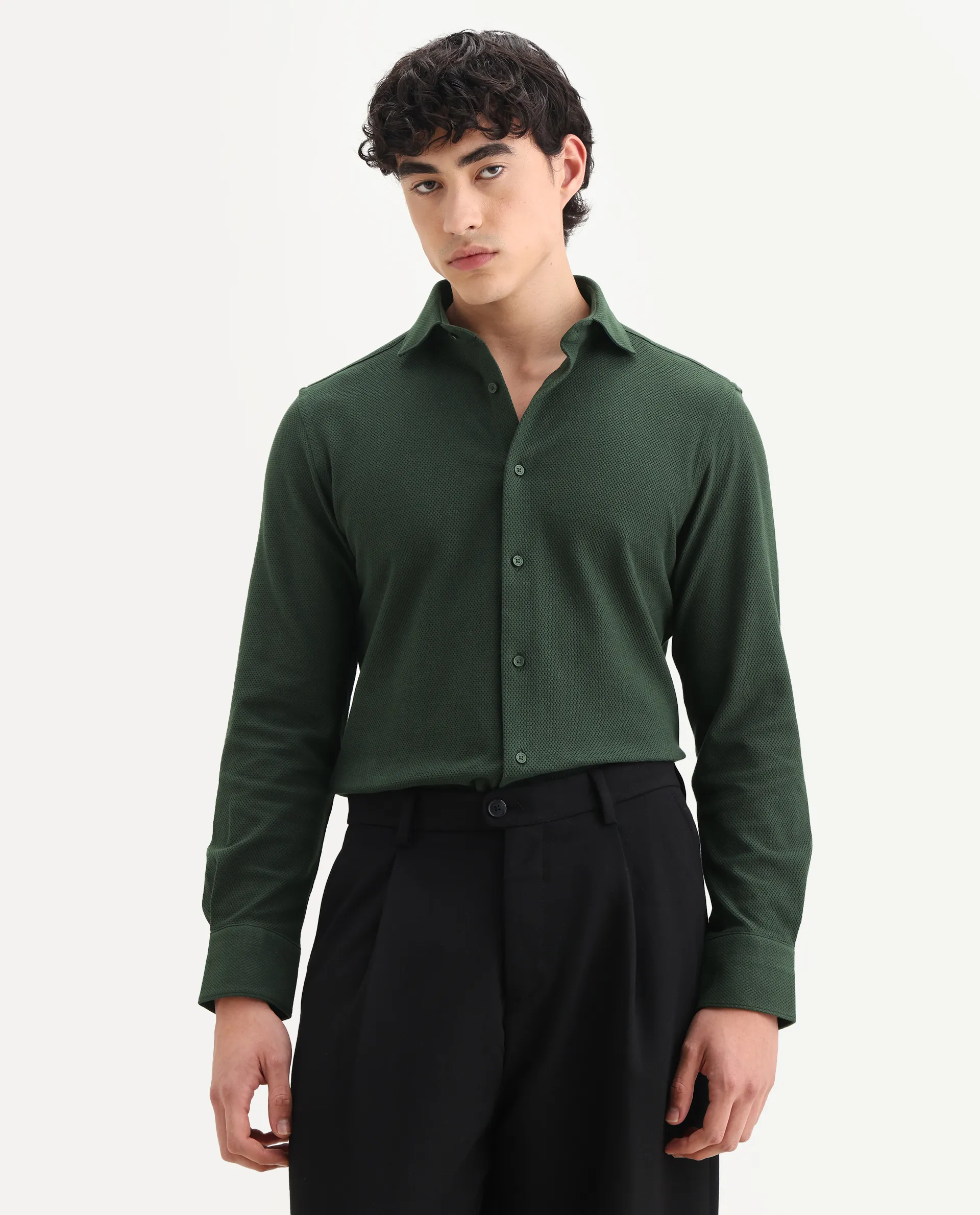 Rare Rabbit Men's Venziya-25 Dark Green Cotton Fabric Spread Collar Regular Fit Textured Shirt - Image 2