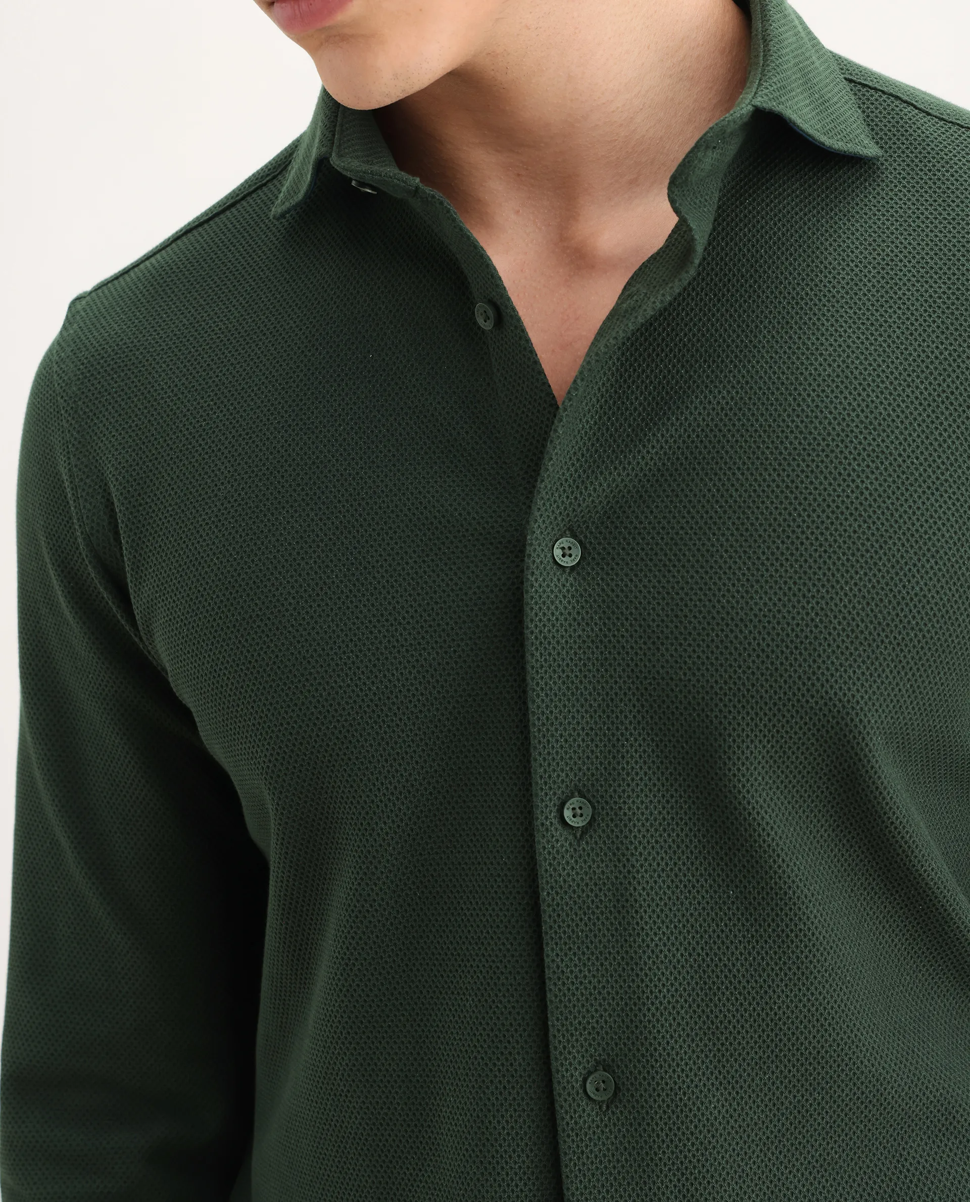 Rare Rabbit Men's Venziya-25 Dark Green Cotton Fabric Spread Collar Regular Fit Textured Shirt - Image 3