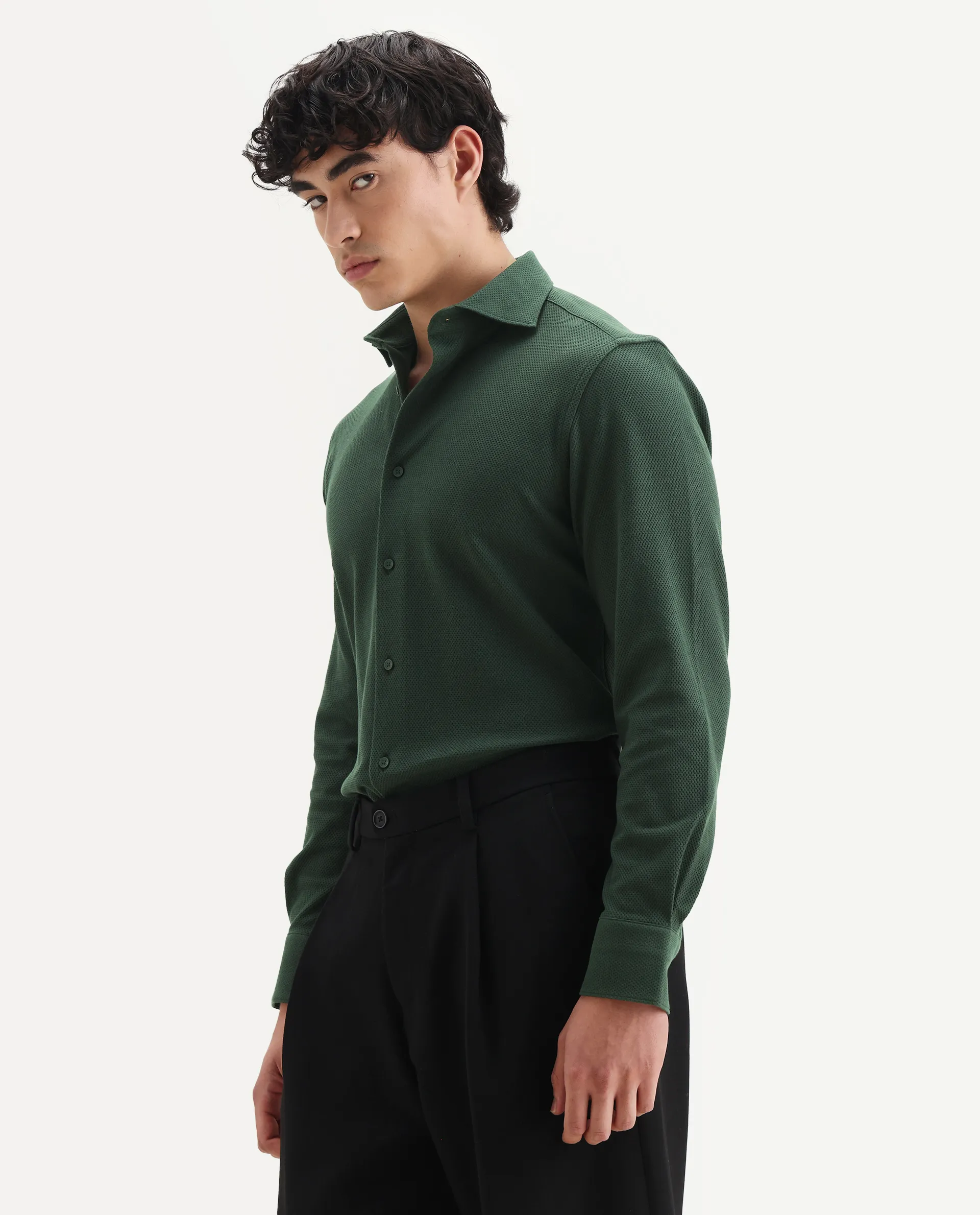 Rare Rabbit Men's Venziya-25 Dark Green Cotton Fabric Spread Collar Regular Fit Textured Shirt - Image 4