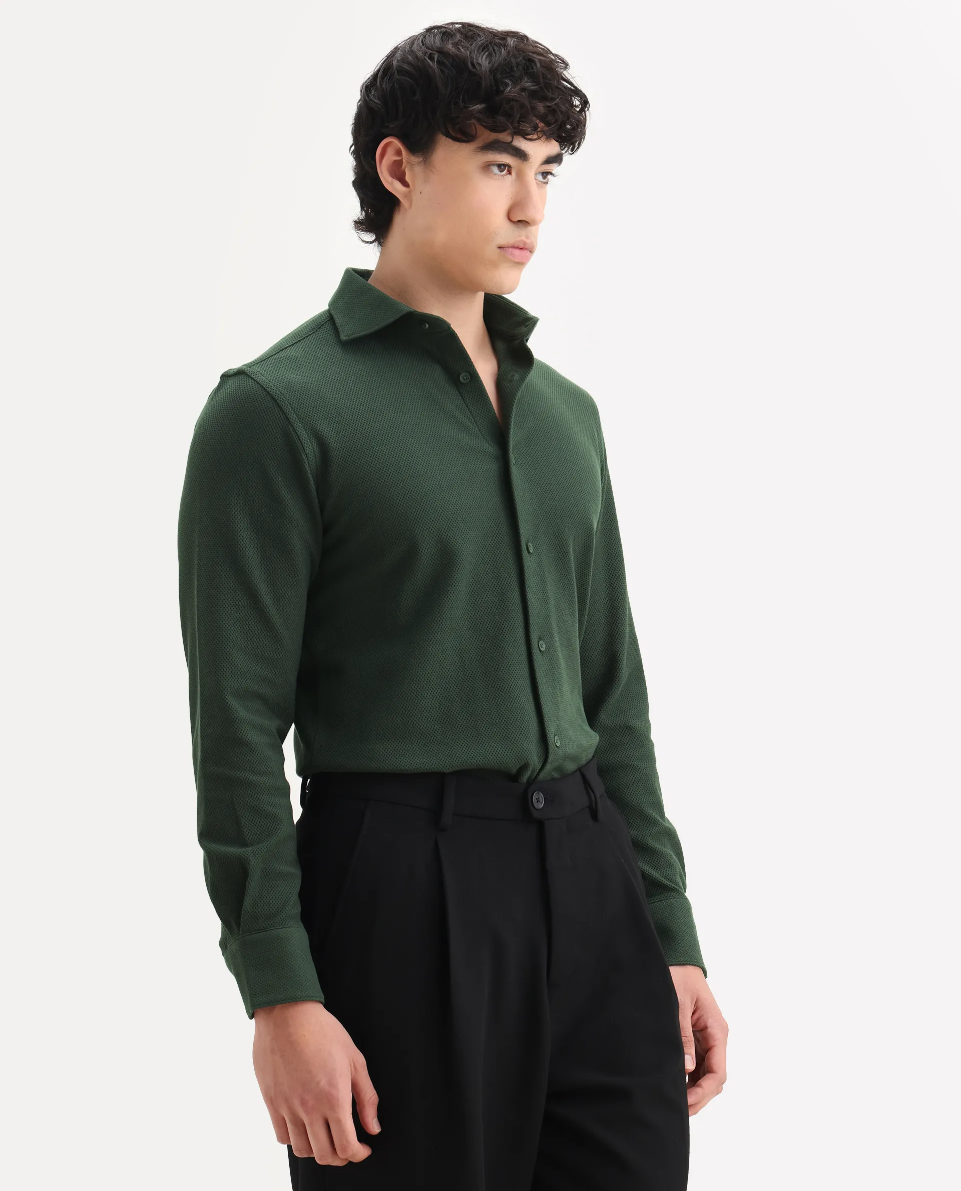Rare Rabbit Men's Venziya-25 Dark Green Cotton Fabric Spread Collar Regular Fit Textured Shirt - Image 5