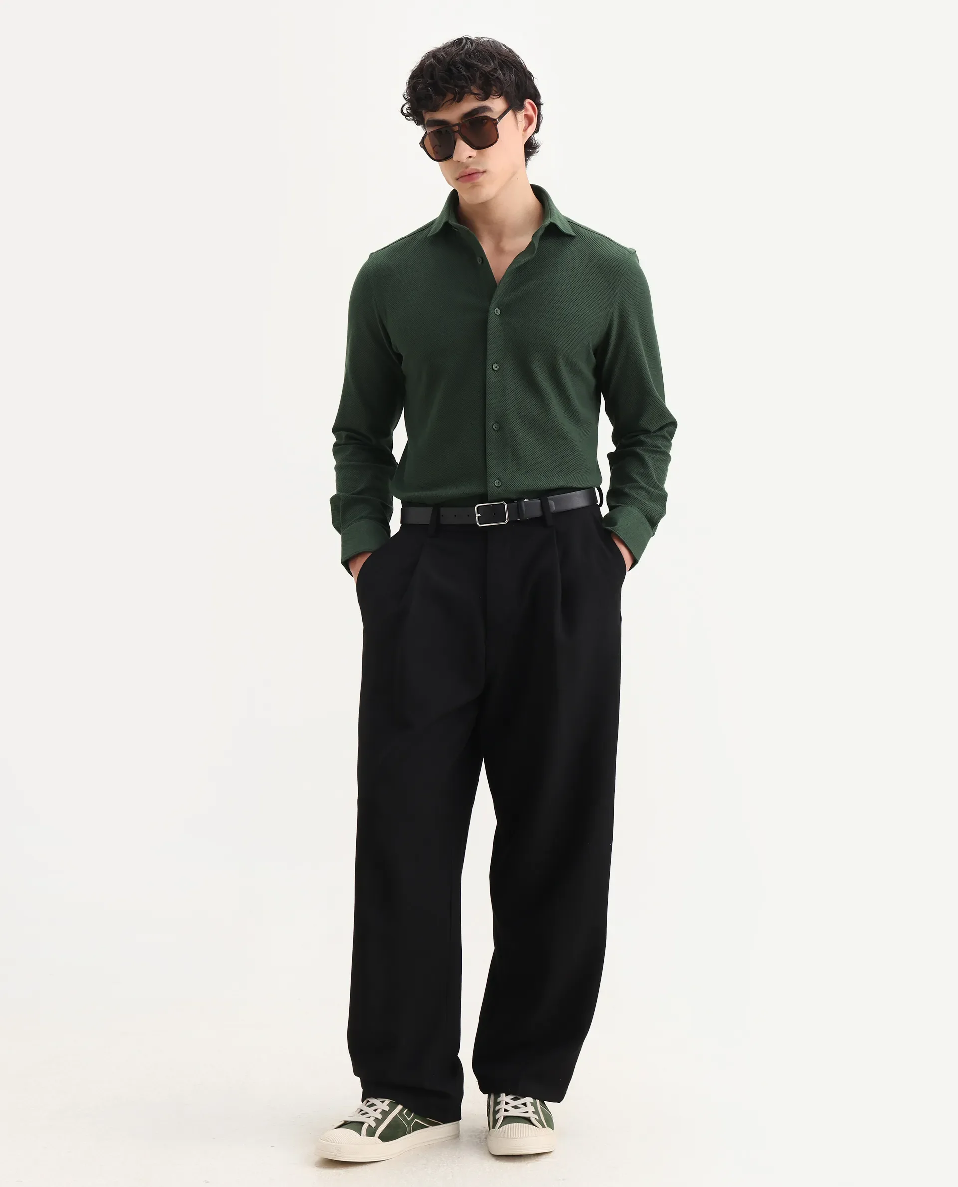 Rare Rabbit Men's Venziya-25 Dark Green Cotton Fabric Spread Collar Regular Fit Textured Shirt - Image 6